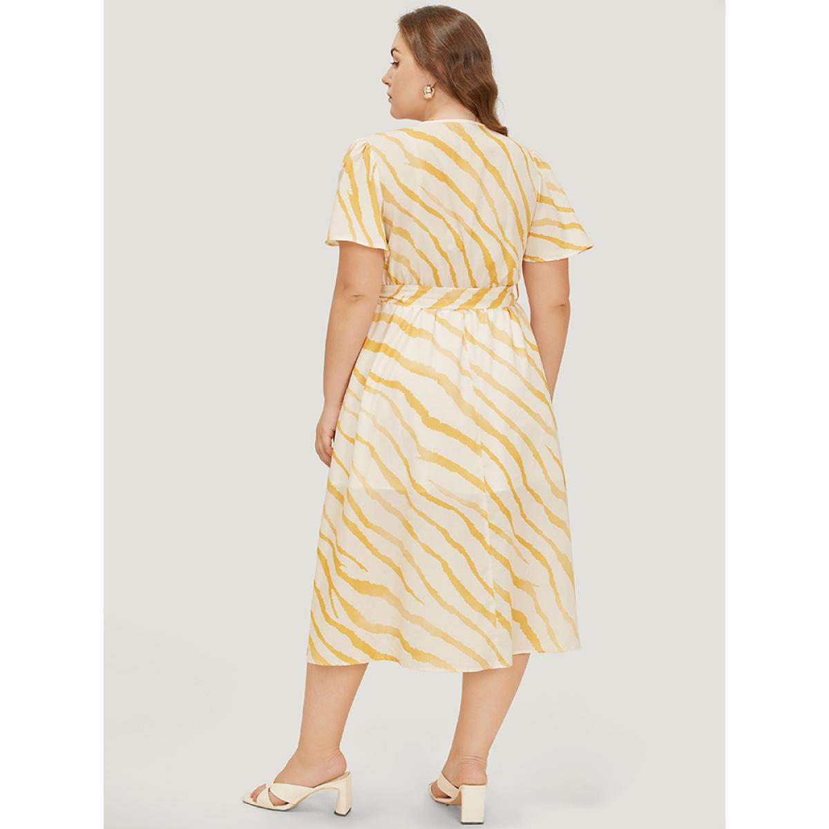 Plus Size Zebra Print Wrap Pocket Belt Ruffle Sleeve Split Dress Yellow Women Elegant Wrap V-neck Short sleeve Curvy Midi Dress BloomChic 18-20/2X Product Image