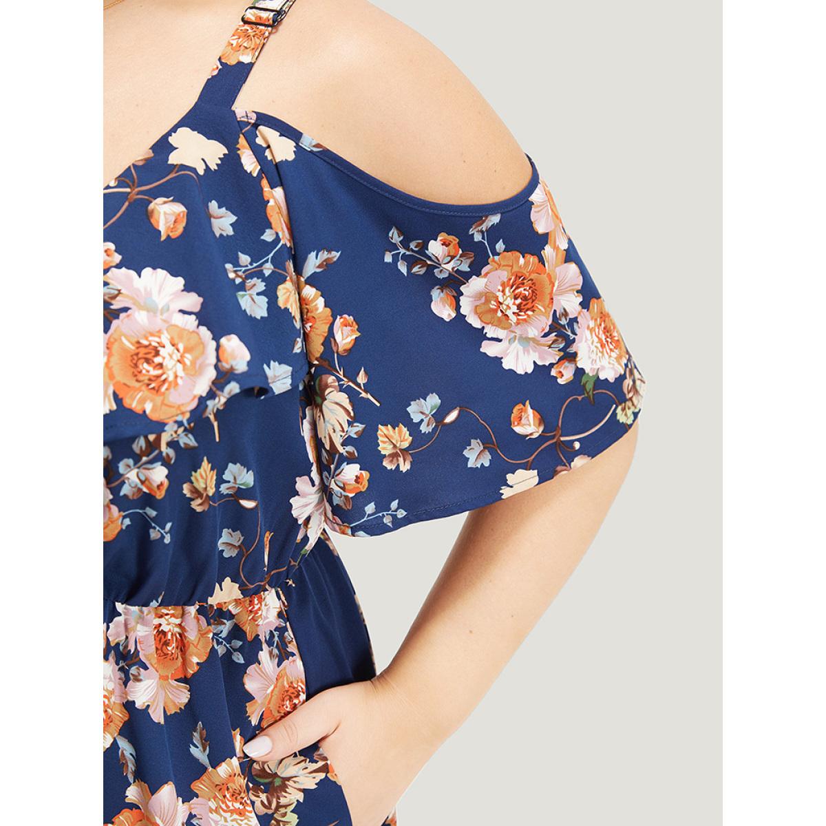 Plus Size Floral Print Ruffle Trim Elastic Waist Cold Shoulder Dress Indigo Women Elegant Adjustable Straps V-neck Short sleeve Curvy Midi Dress BloomChic 28/5X Product Image