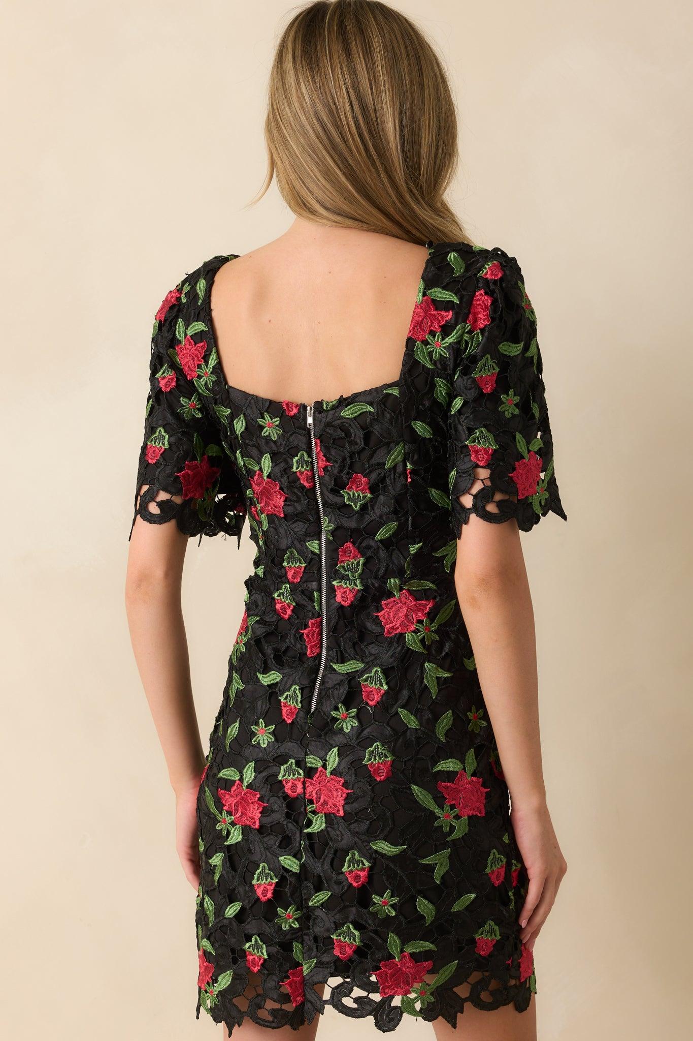 Rosebud Dreams Black Lace Embroidered Mini Dress Product Image