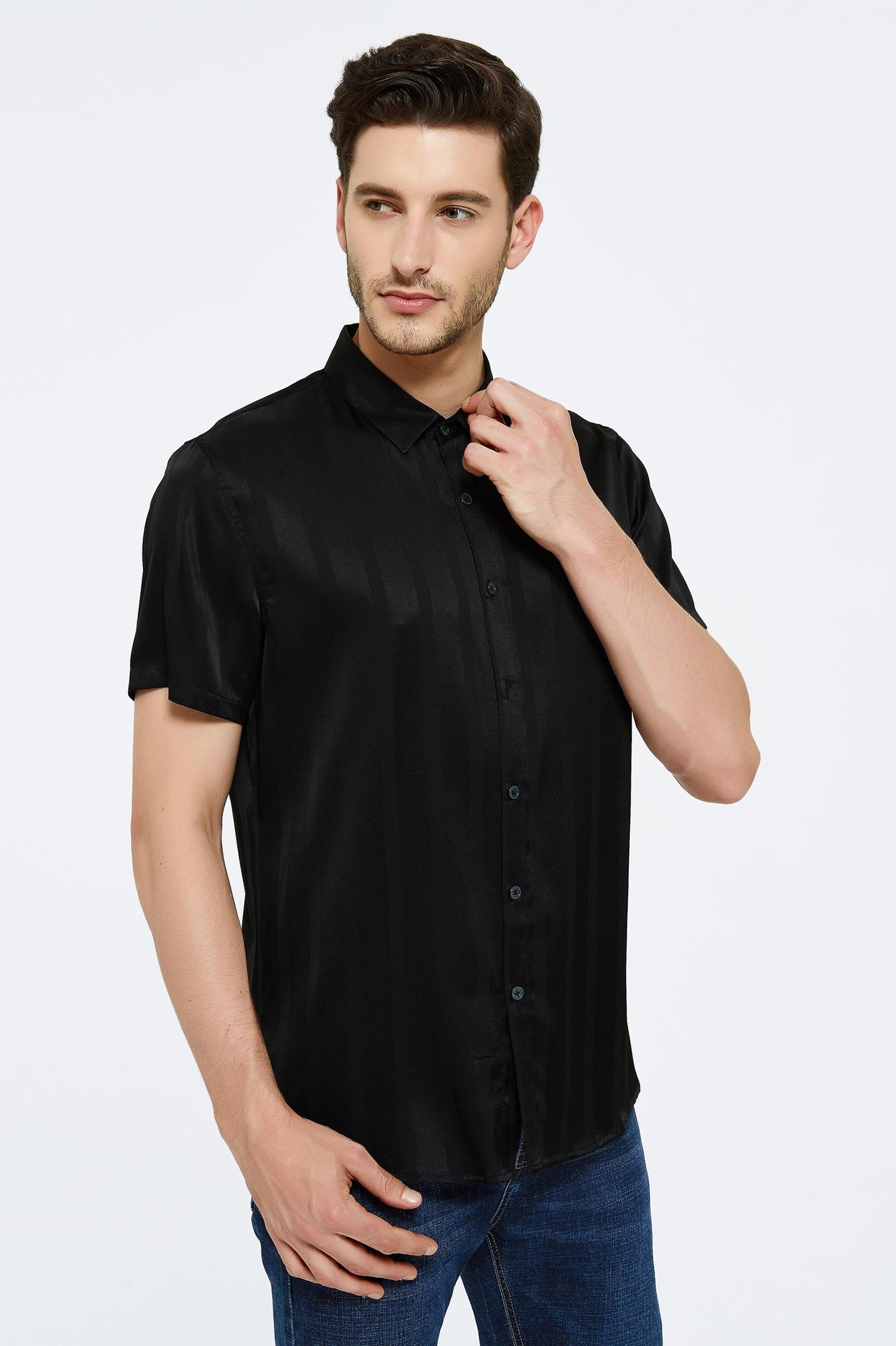 Jacquard Striped Silk Shirt For Men Product Image