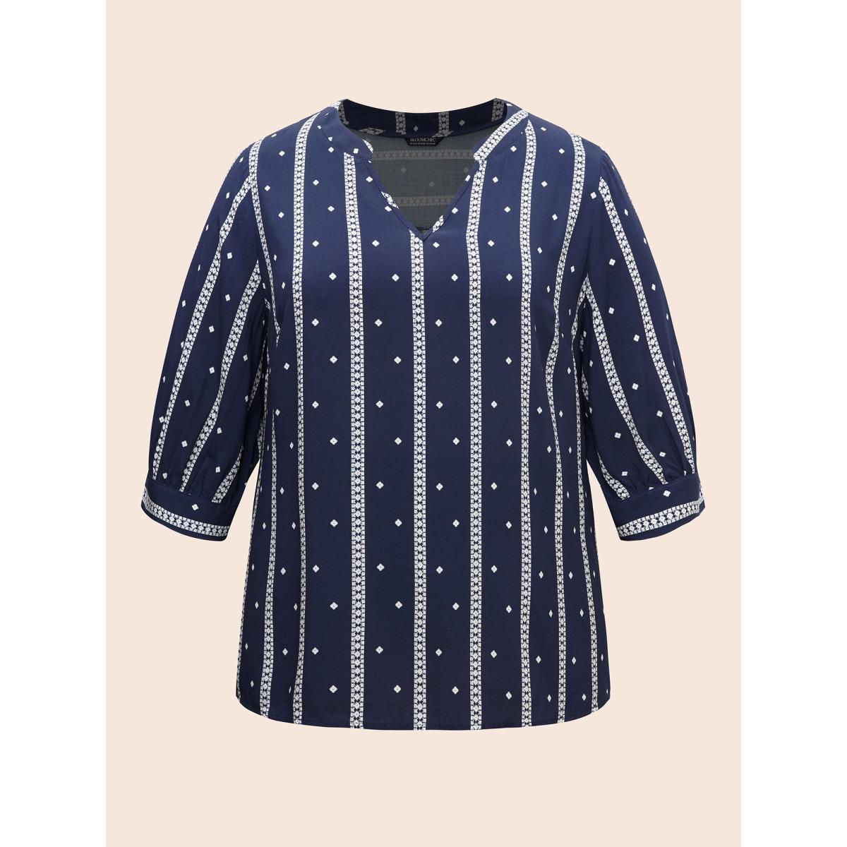 Plus Size Indigo Striped Geometric Notched Gathered Blouse Women Resort Elbow-length sleeve Notched collar Vacation Blouses BloomChic 22-24/3X Product Image