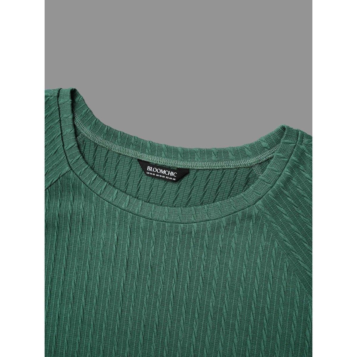Plus Size Textured Elastic Raglan Sleeves T-shirt Emerald Women Casual Texture Round Neck Everyday T-shirts BloomChic 14-16/1X Product Image