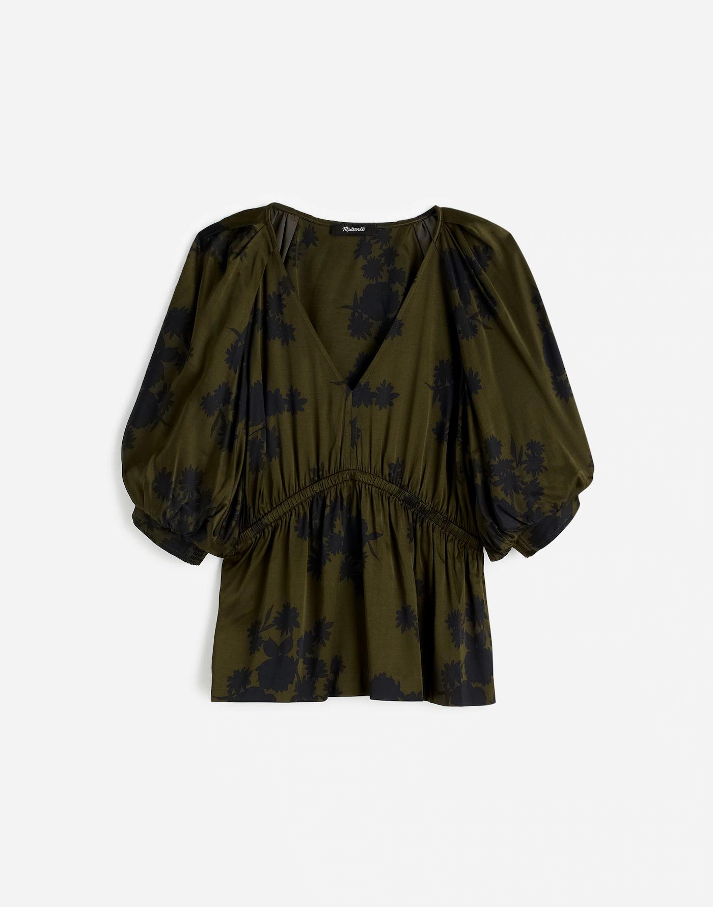 Shirred Puff-Sleeve Top in Satin Product Image