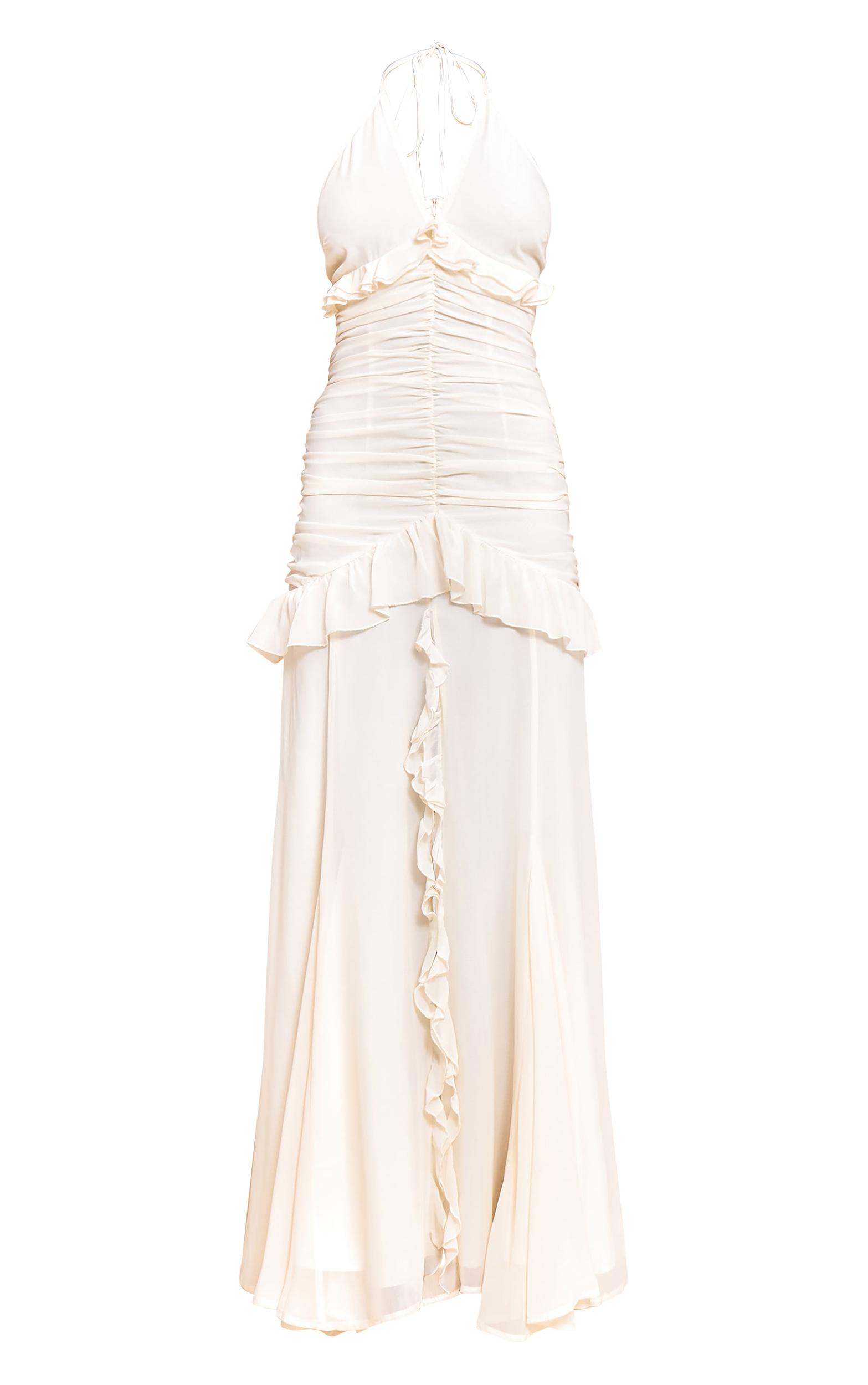 Cream Ruched Frill Halterneck Maxi Dress Product Image