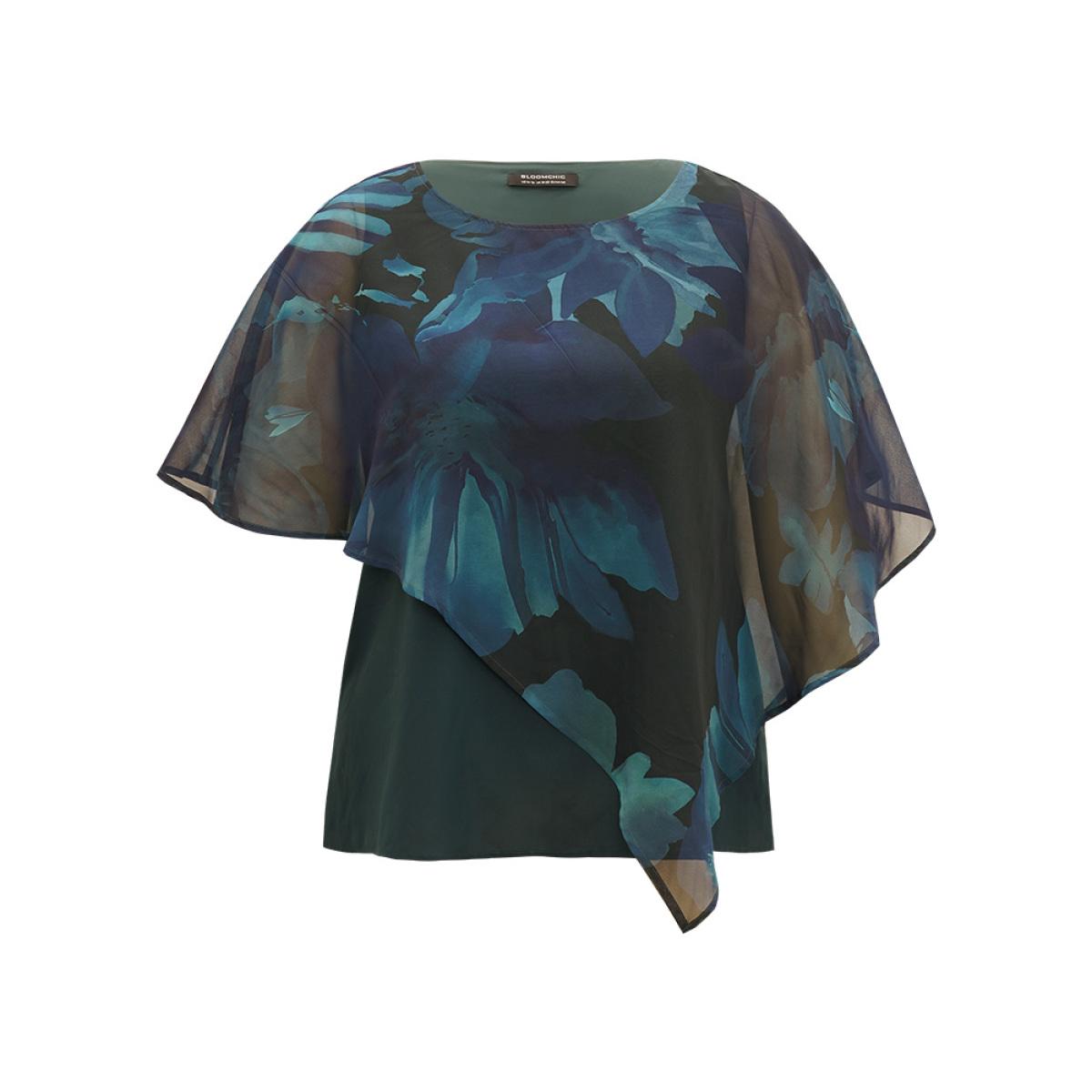 Plus Size Aegean Floral Mesh Asymmetrical Dolman Sleeve Blouse Women Glamour Short sleeve Round Neck Going out Blouses BloomChic 12/L Product Image