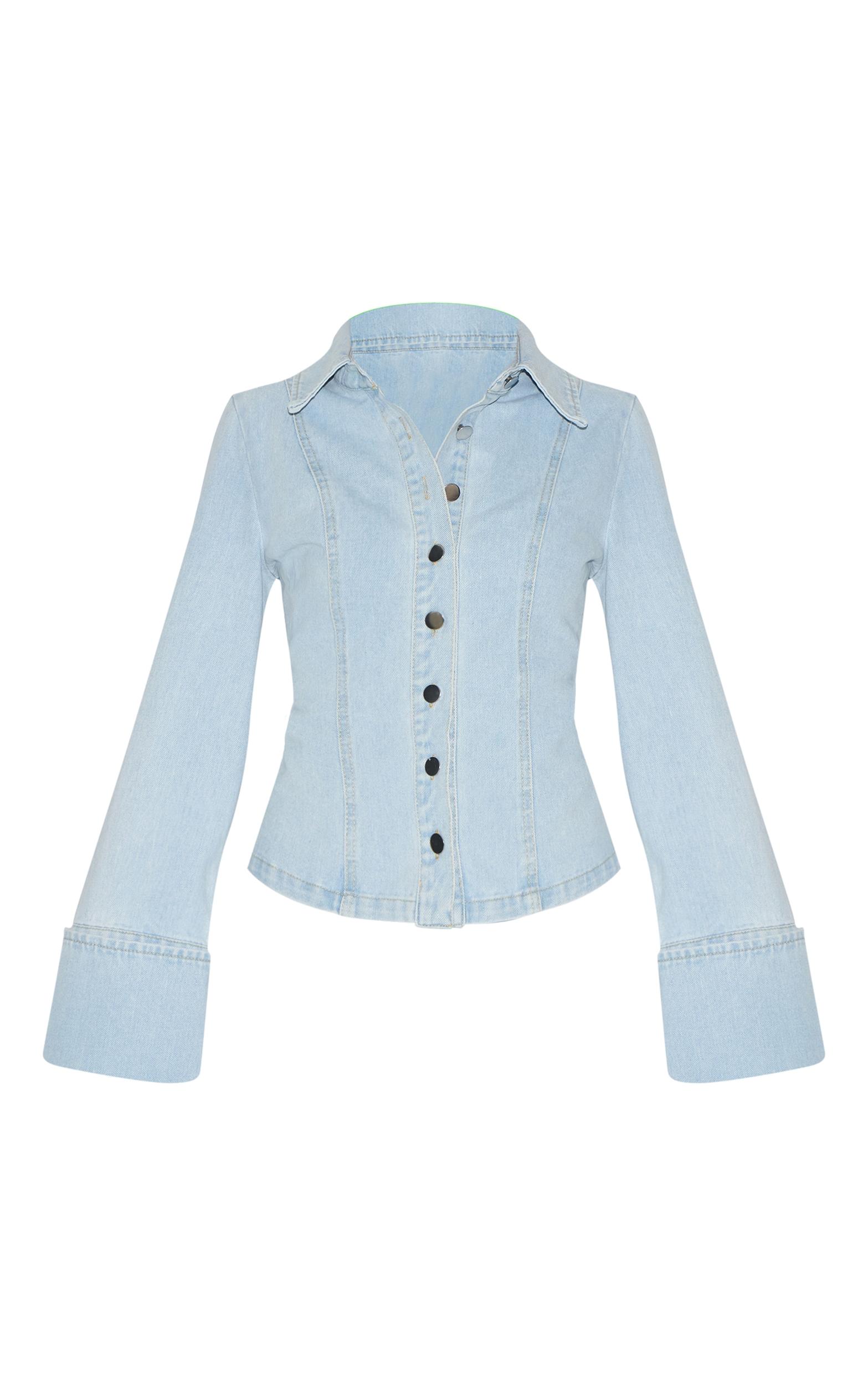 Petite Light Blue Long Sleeve Fitted Denim Shirt Product Image