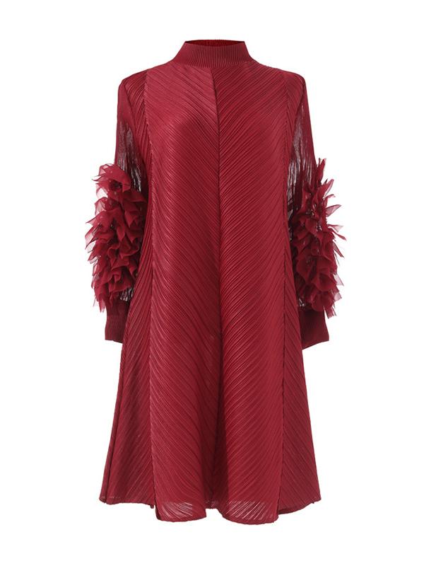 Long Sleeves Loose Embroidered Pleated Solid Color Round-Neck Midi Dresses Product Image