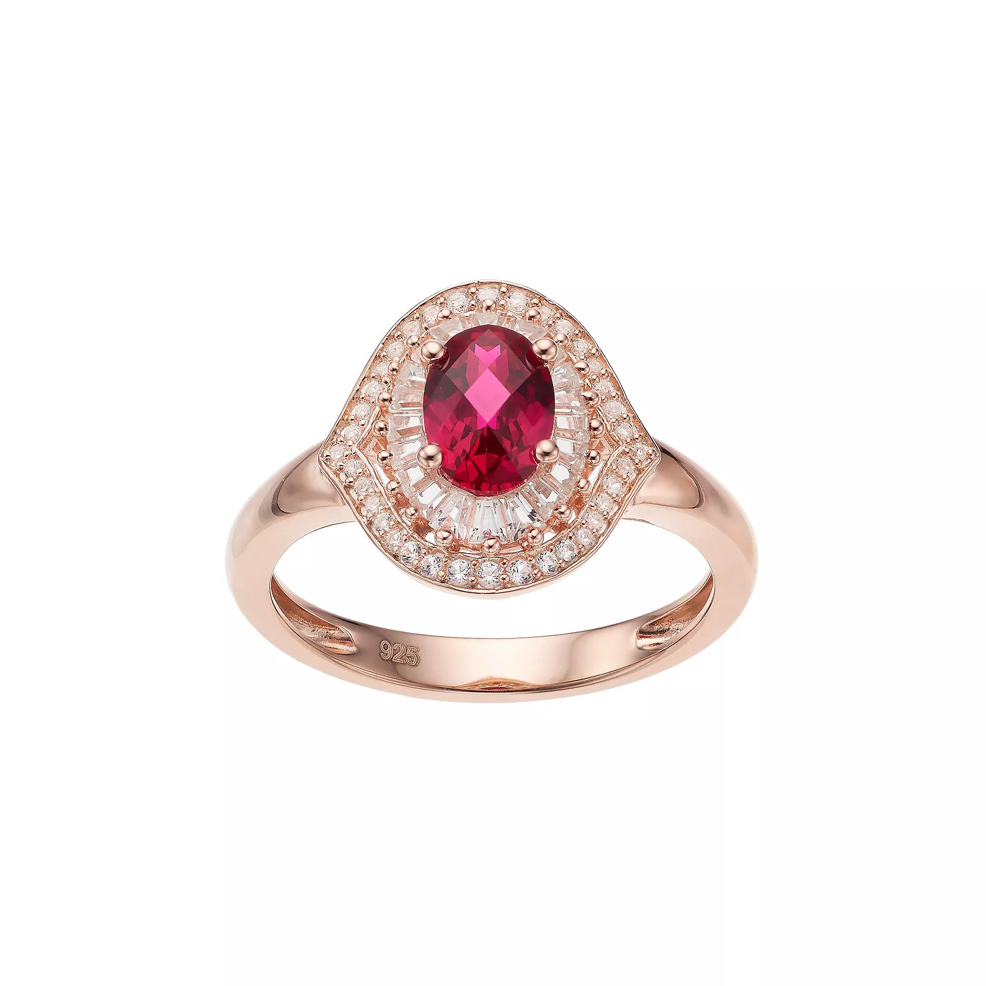 14k Rose Gold Over Silver Lab-Created Ruby & White Sapphire Oval Halo Ring, Women's, Size: 6, Pink Tone Product Image