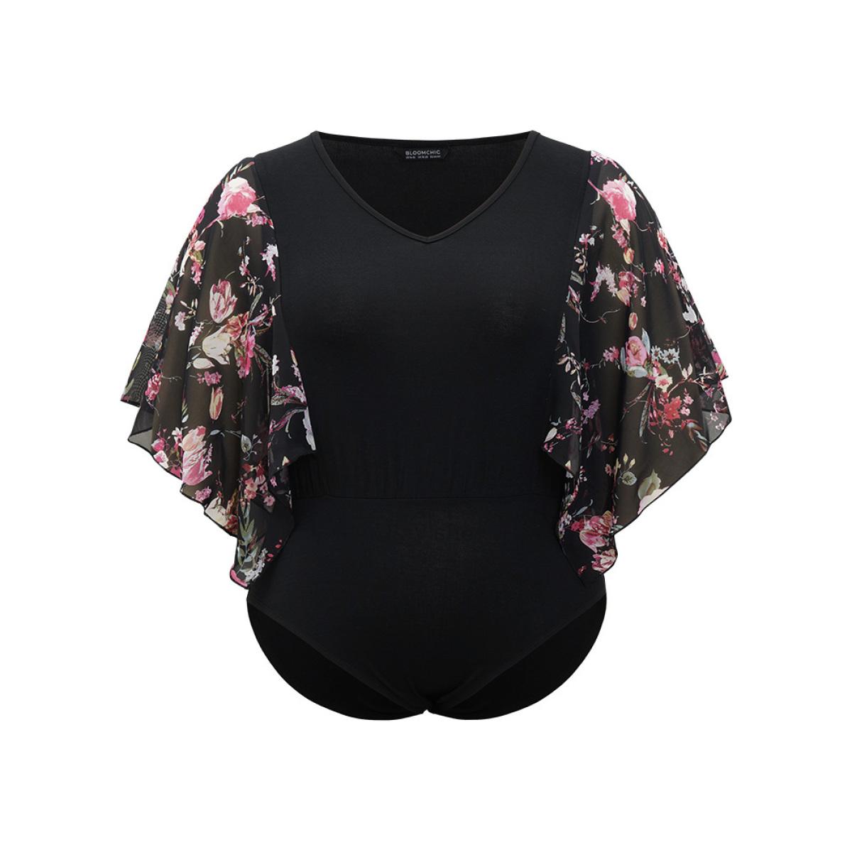 Plus Size Floral Print Patchwork Mesh Asymmetrical Sleeve Bodysuit Women Black Ditsy Floral Printed Bodysuits BloomChic 30/6X Product Image