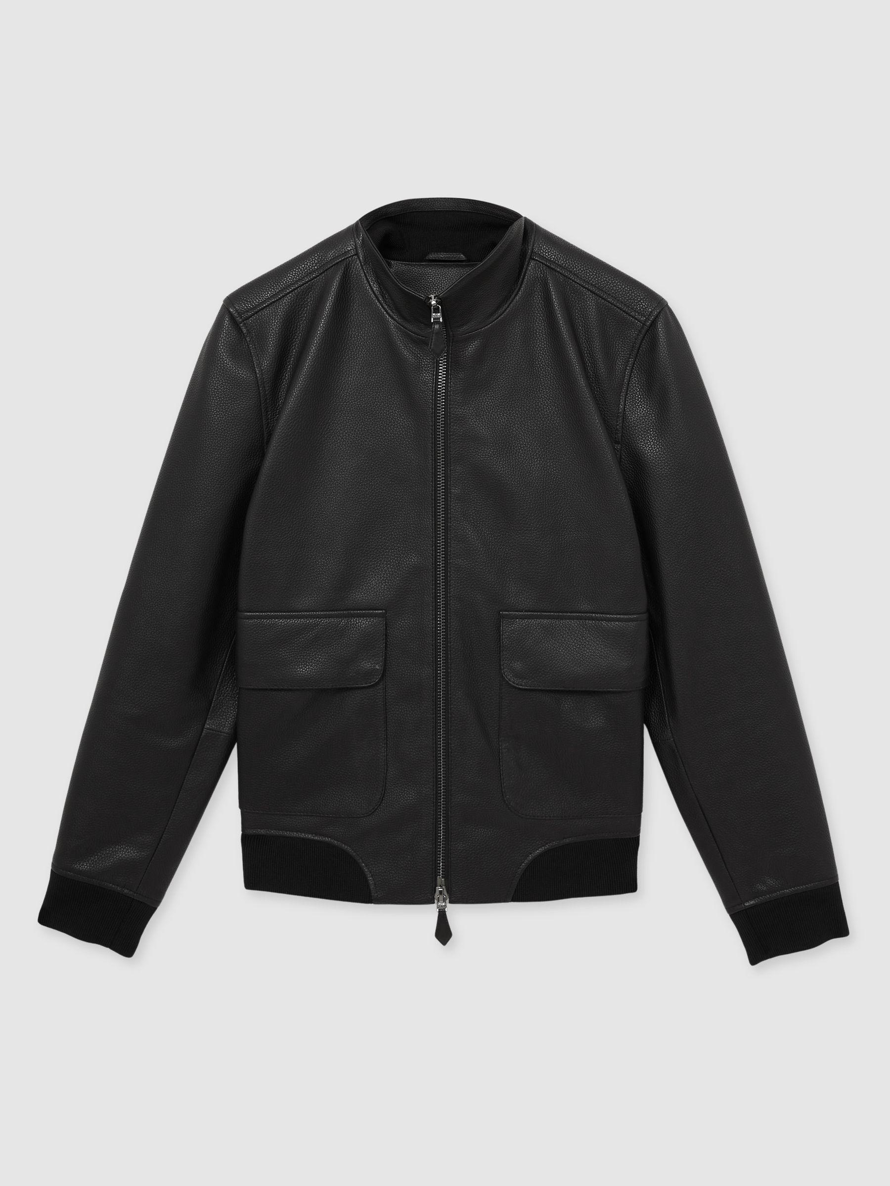Pebbled-Leather Funnel-Neck Jacket in Black Product Image
