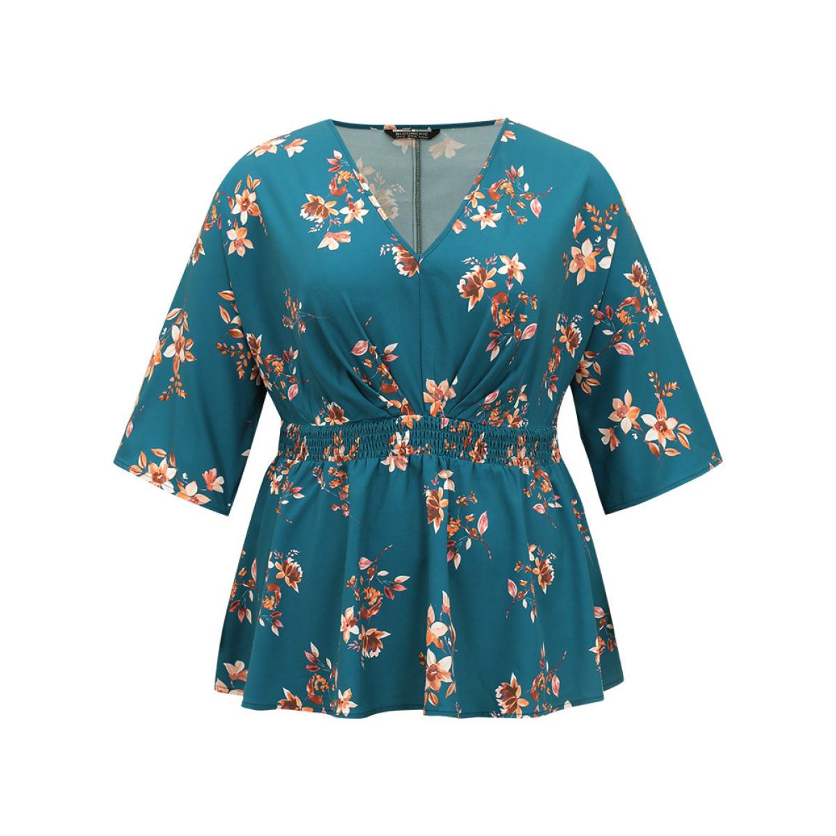 Plus Size Aegean Floral Print Shirred Plicated Detail Blouse Women Elegant Elbow-length sleeve V-neck Dailywear Blouses BloomChic 28/5X Product Image