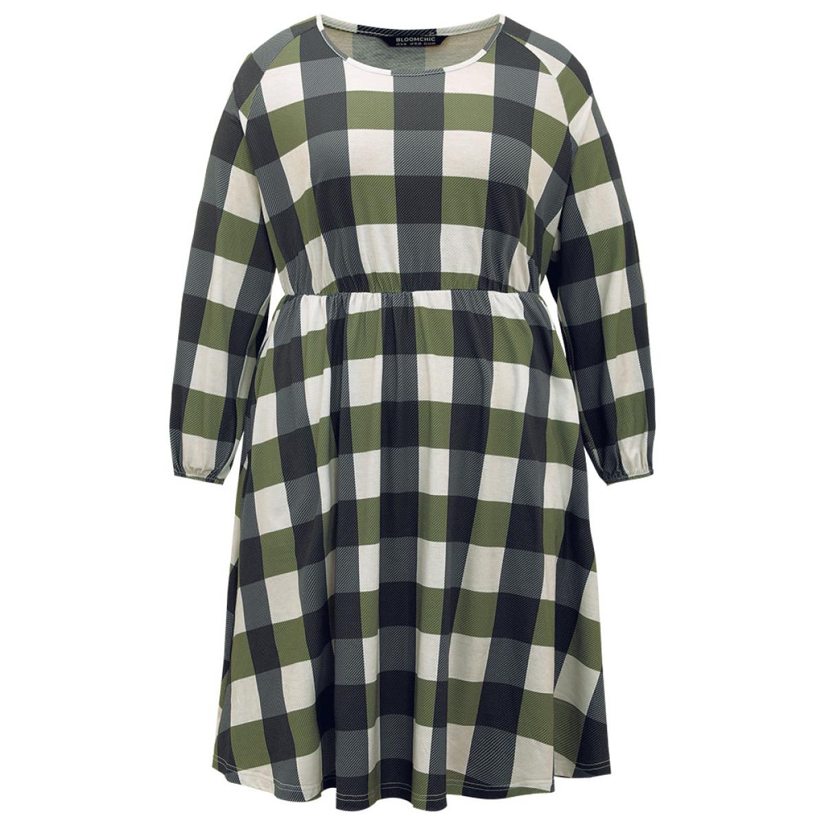 Plus Size Plaid Lantern Sleeve Ruffle Hem Dress DimGray Women Casual Elastic cuffs Scoop Neck Long Sleeve Curvy Midi Dress BloomChic 12/L Product Image