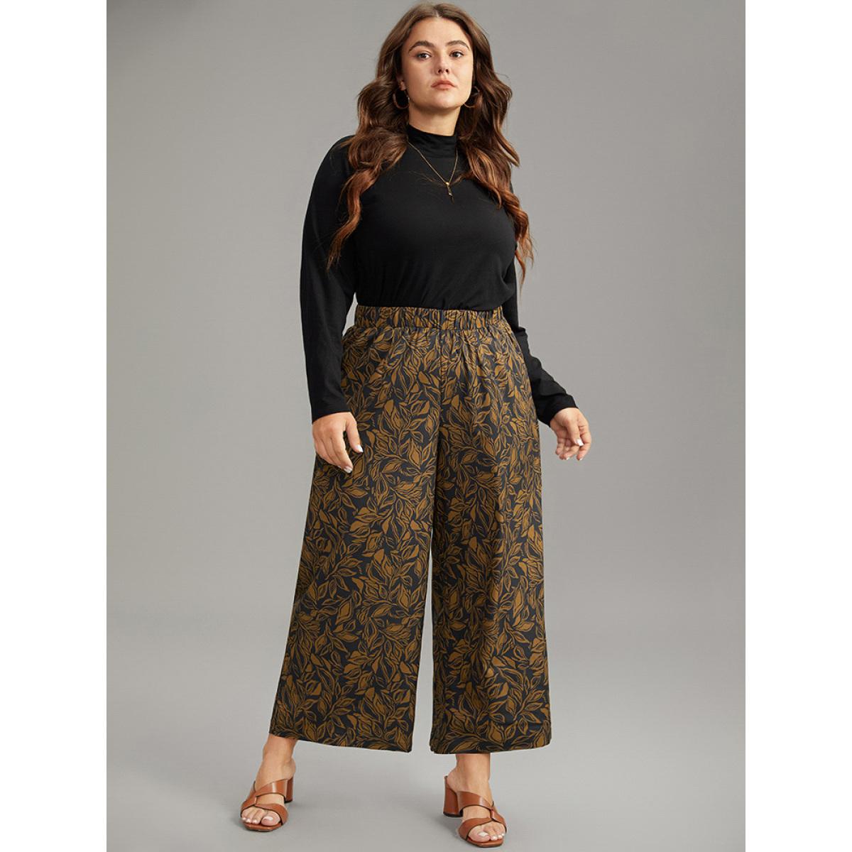 Plus Size Silhouette Floral Print Elastic Waist Wide Leg Pants Women Black Vacation Wide Leg High Rise Dailywear Pants BloomChic 12/L Product Image