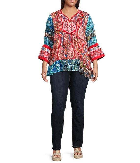 Calessa Plus Size Embroidered Patchwork Print Split V-Neck 3/4 Sleeve Tunic Product Image