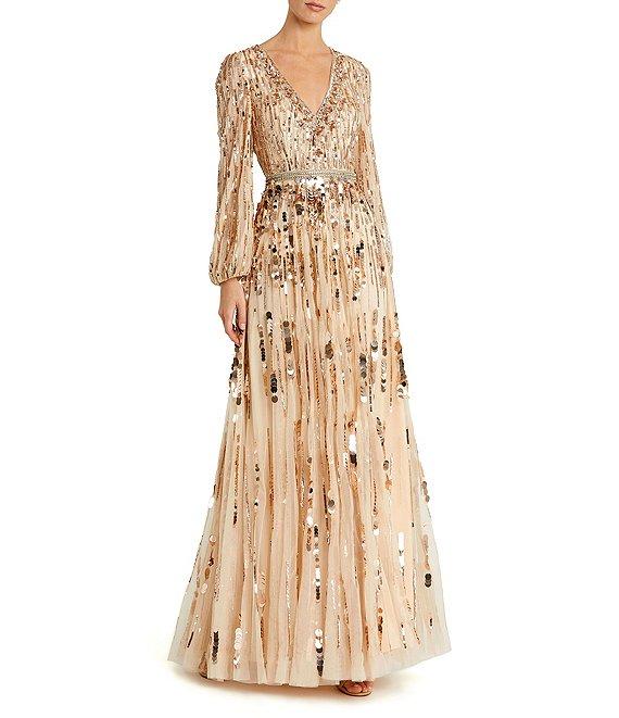 Mac Duggal Embellished Mesh Long Sleeves V-Neck Ball Gown Product Image