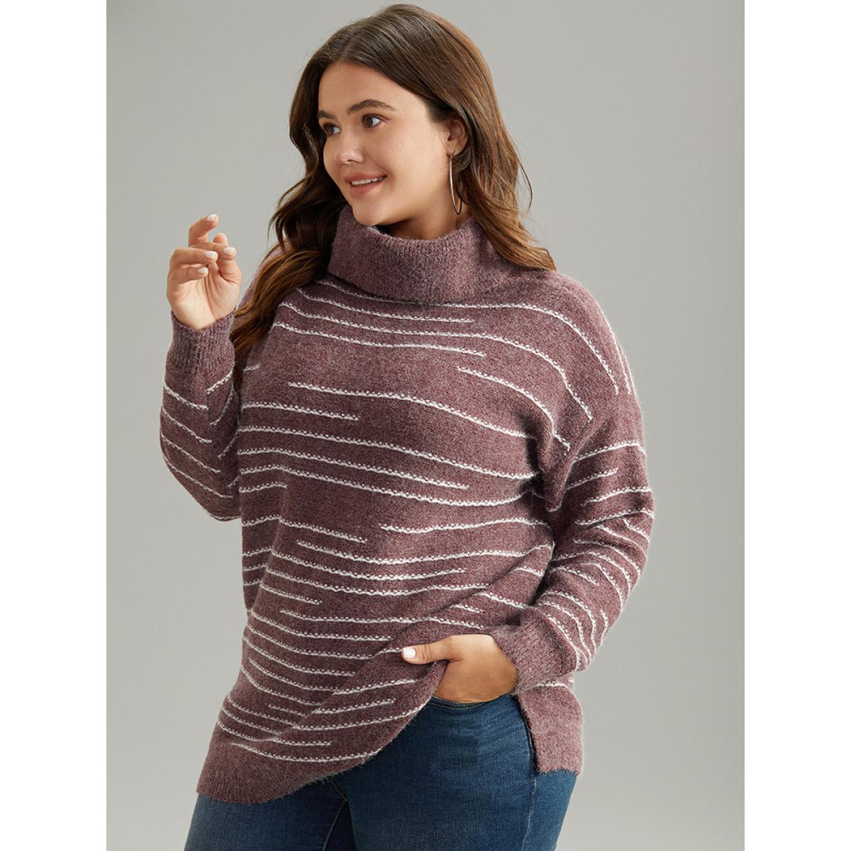 Plus Size Striped Heather Turtleneck Split Hem Pullover Burgundy Women Casual Loose Long Sleeve Turtleneck Everyday Pullovers BloomChic 12/L Product Image