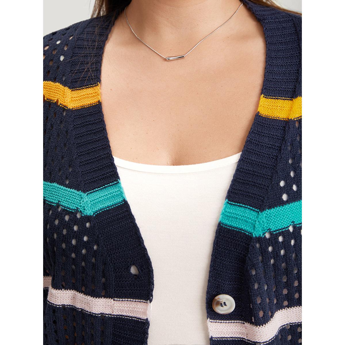 Plus Size Contrast Striped Button Through Hollow Out Cardigan Indigo Women Casual Loose Long Sleeve Everyday Cardigans BloomChic 22-24/3X Product Image