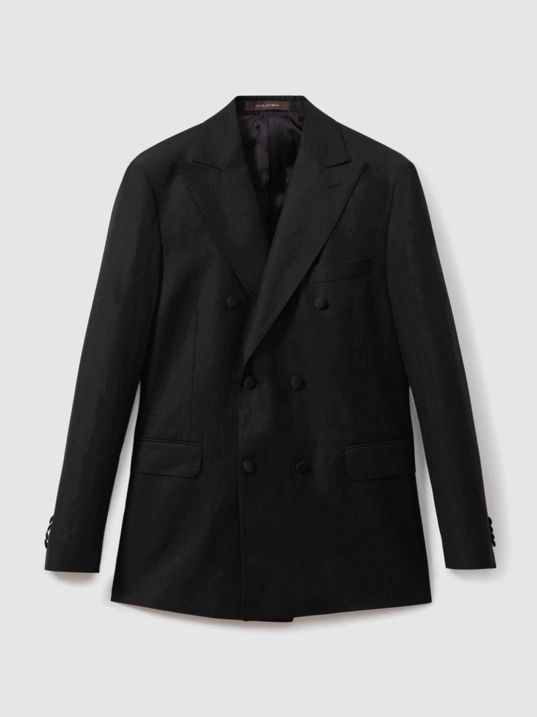 Oscar Jacobson Wool-Linen Double Breasted Blazer in Black Product Image