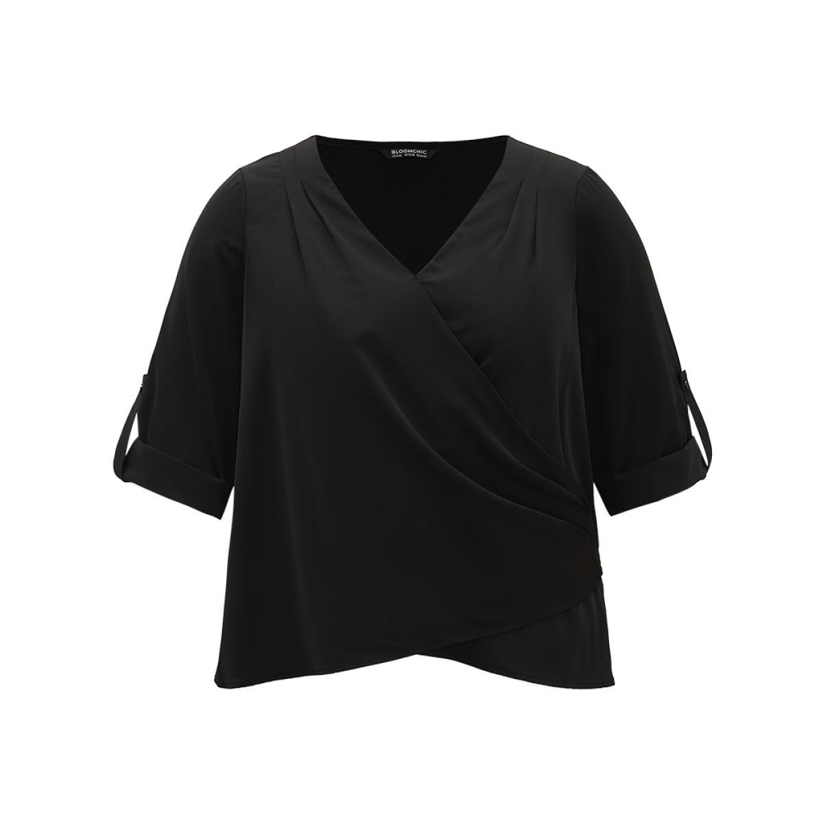 Plus Size Black Plain Tab Sleeve Wrap Pleated Blouse Women Work From Home Long Sleeve V-neck Office Blouses BloomChic 26/4X Product Image