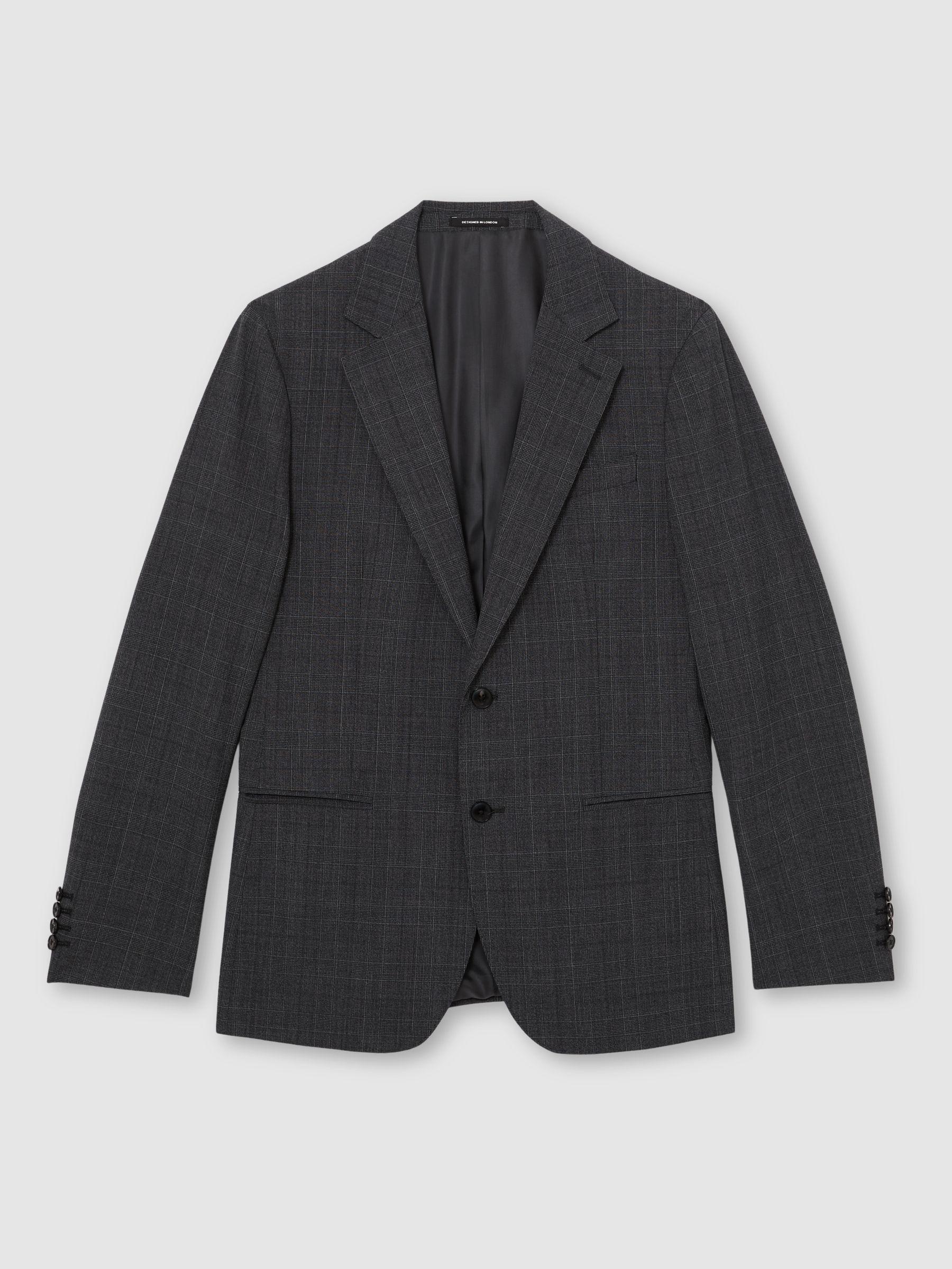Wool-Blend Single-Breasted Check Blazer Tailored-Fit in Charcoal Grey Product Image