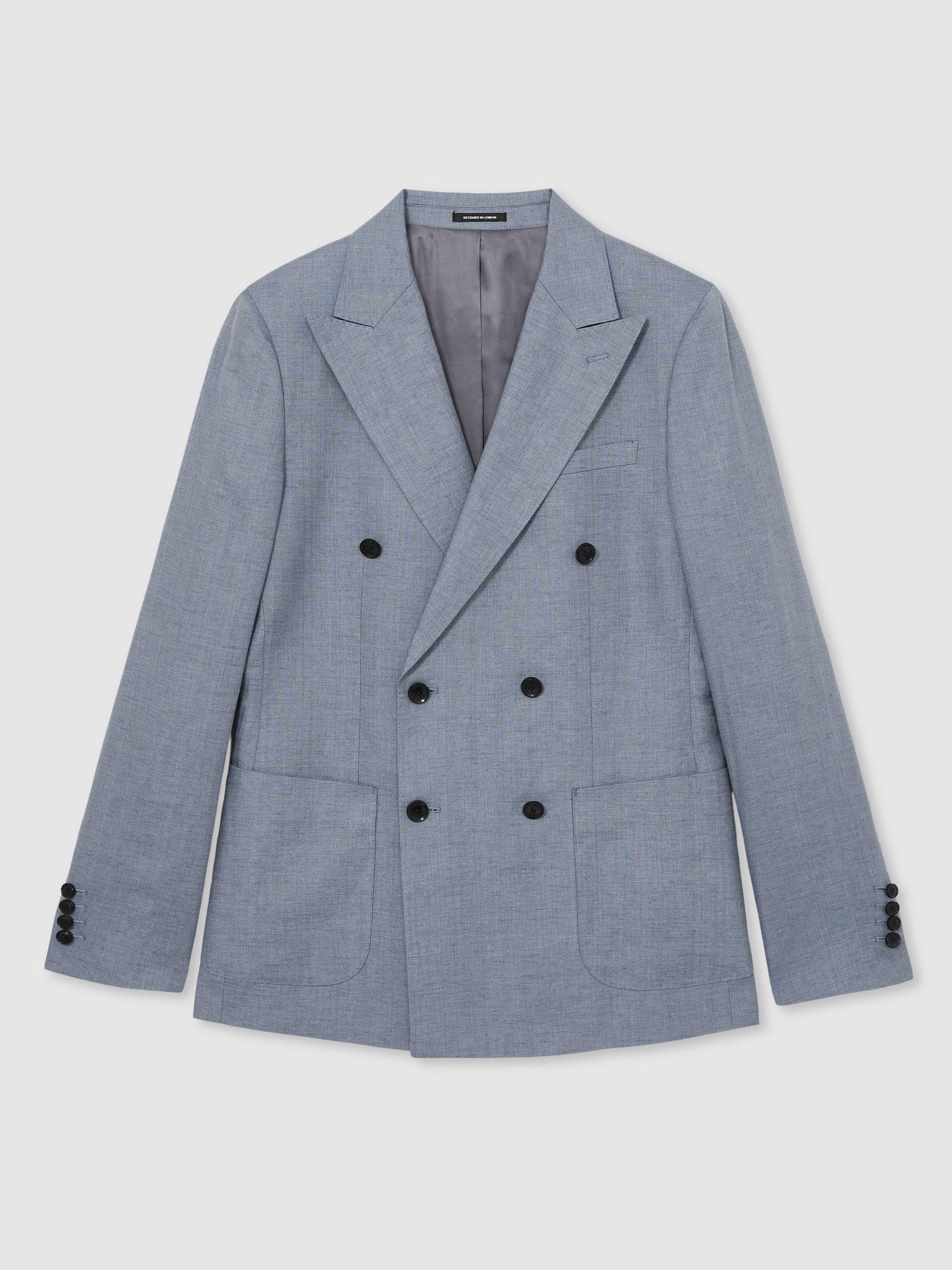 Slim-Fit Linen Double-Breasted Suit Blazer in Airforce Blue Product Image