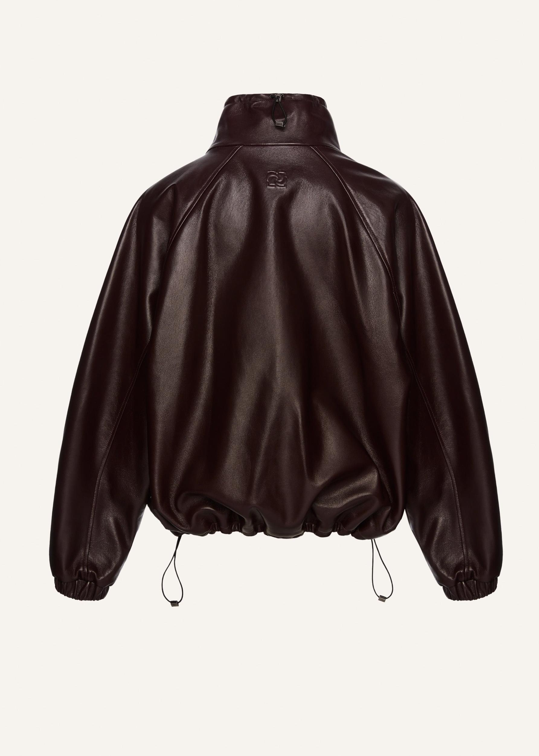Elasticized leather bomber jacket in burgundy Product Image