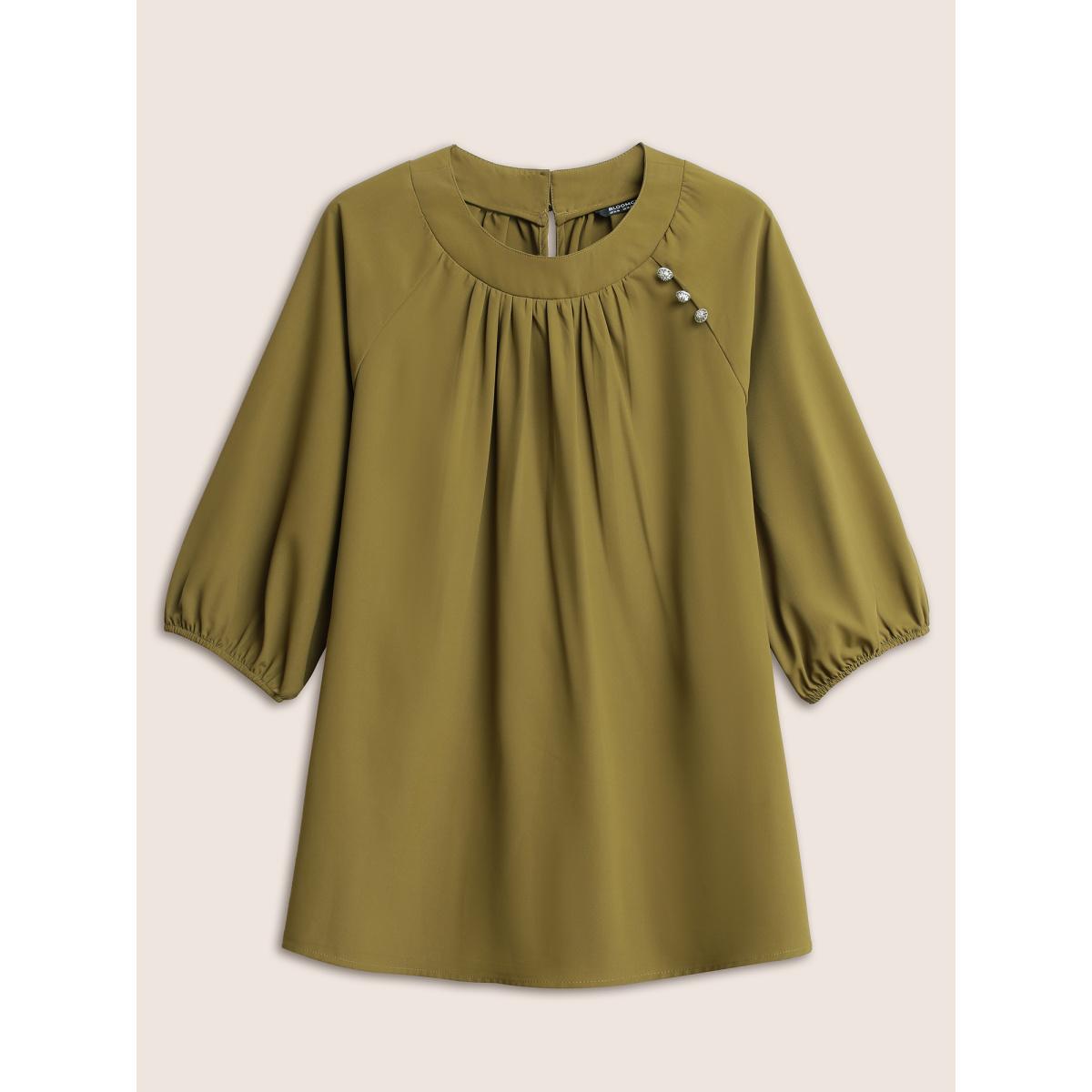 Plus Size ArmyGreen Static-Free Plain Gathered Button Detail Blouse Women At the Office Elbow-length sleeve Round Neck Work Blouses BloomChic 28/5X Product Image