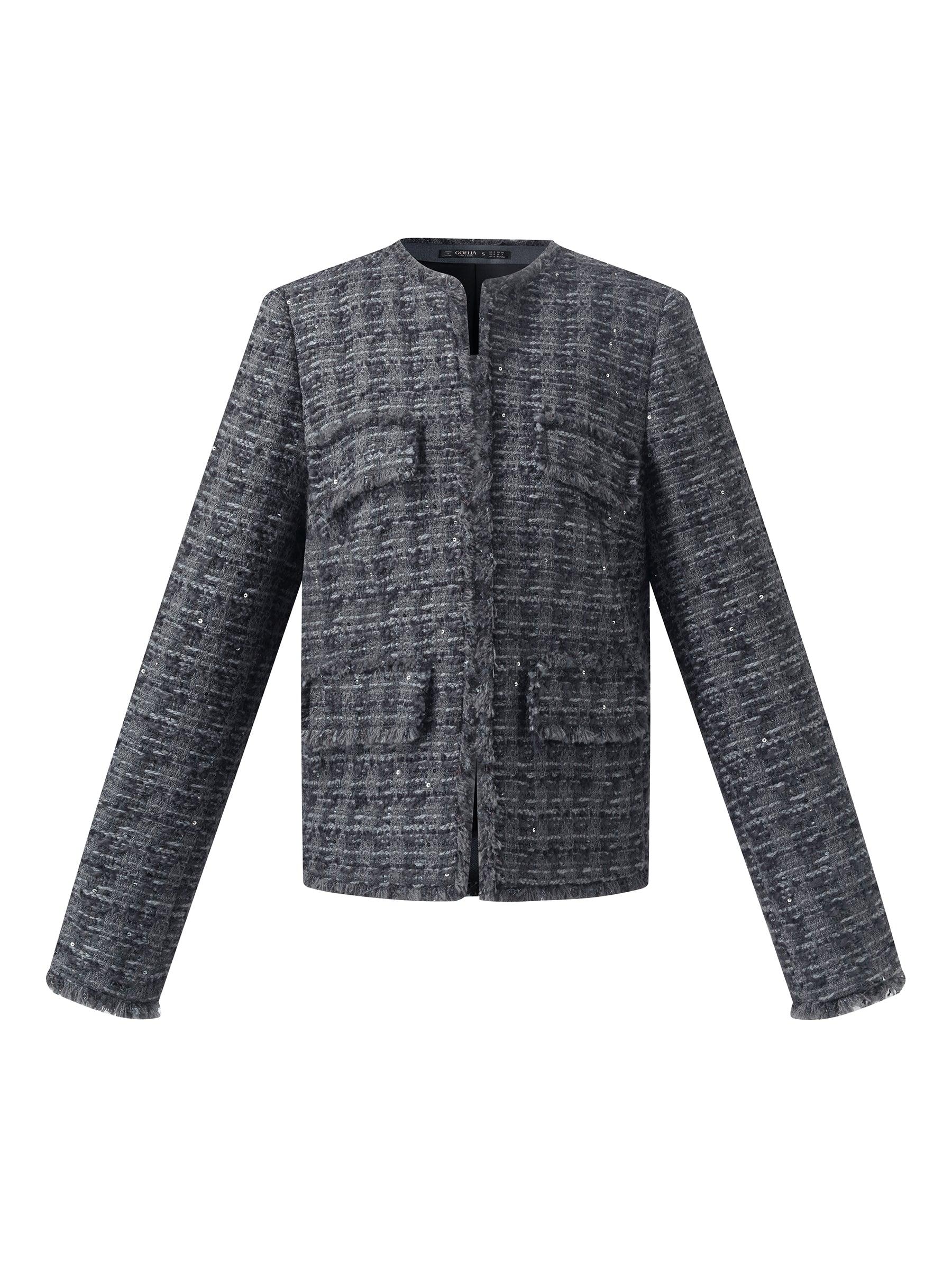 Wool Blend Sequins Tweed Women Frayed Edge Crop Jacket Product Image