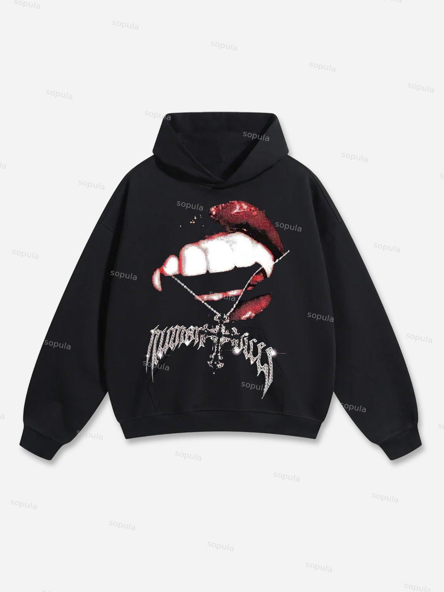 Casual Vintage Character Print Casual Long Sleeve Fleece-Lined Hoodie Product Image