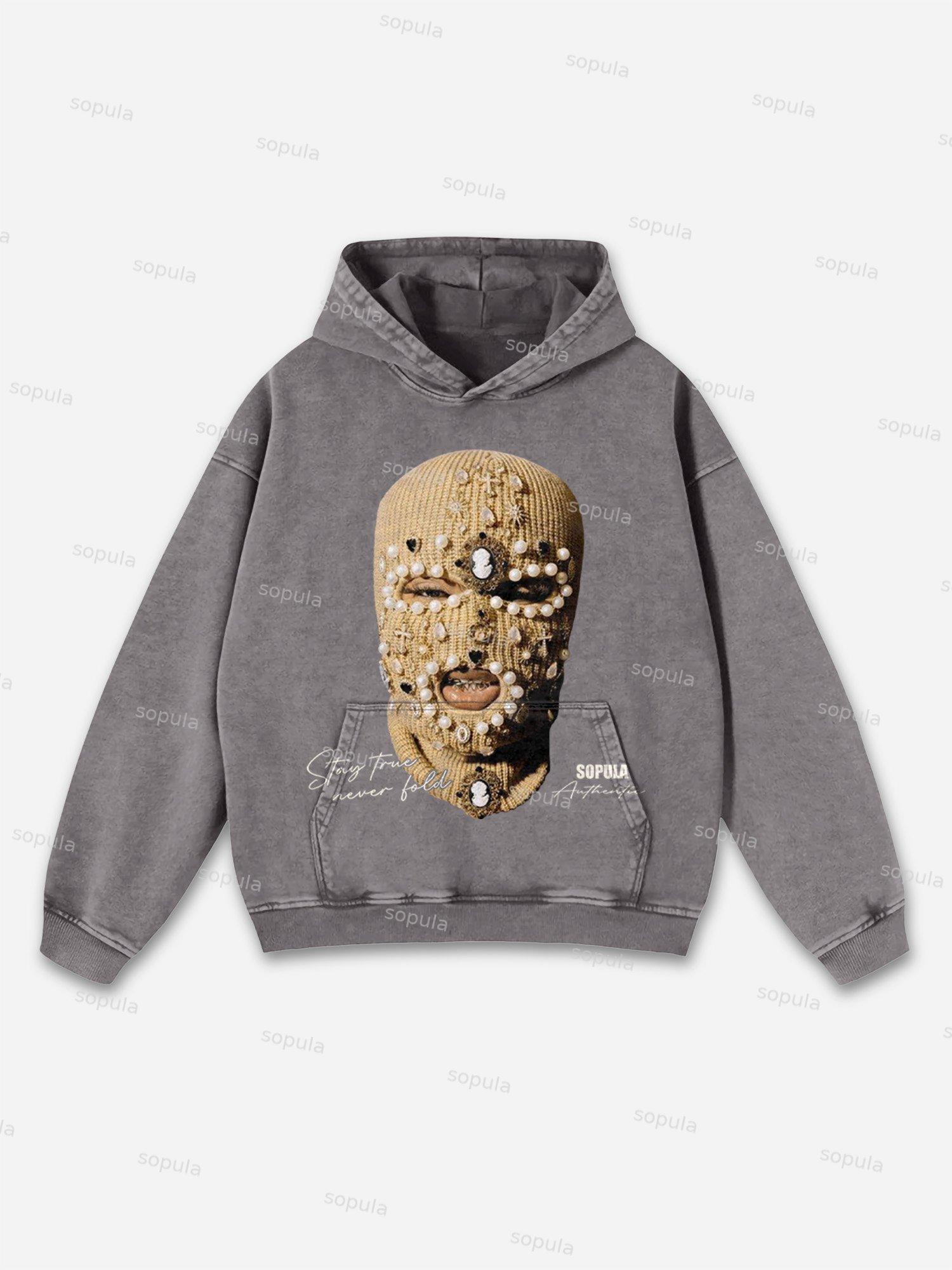 Gangster Jewelry Mask Portrait Graphic Washed Hoodie Product Image