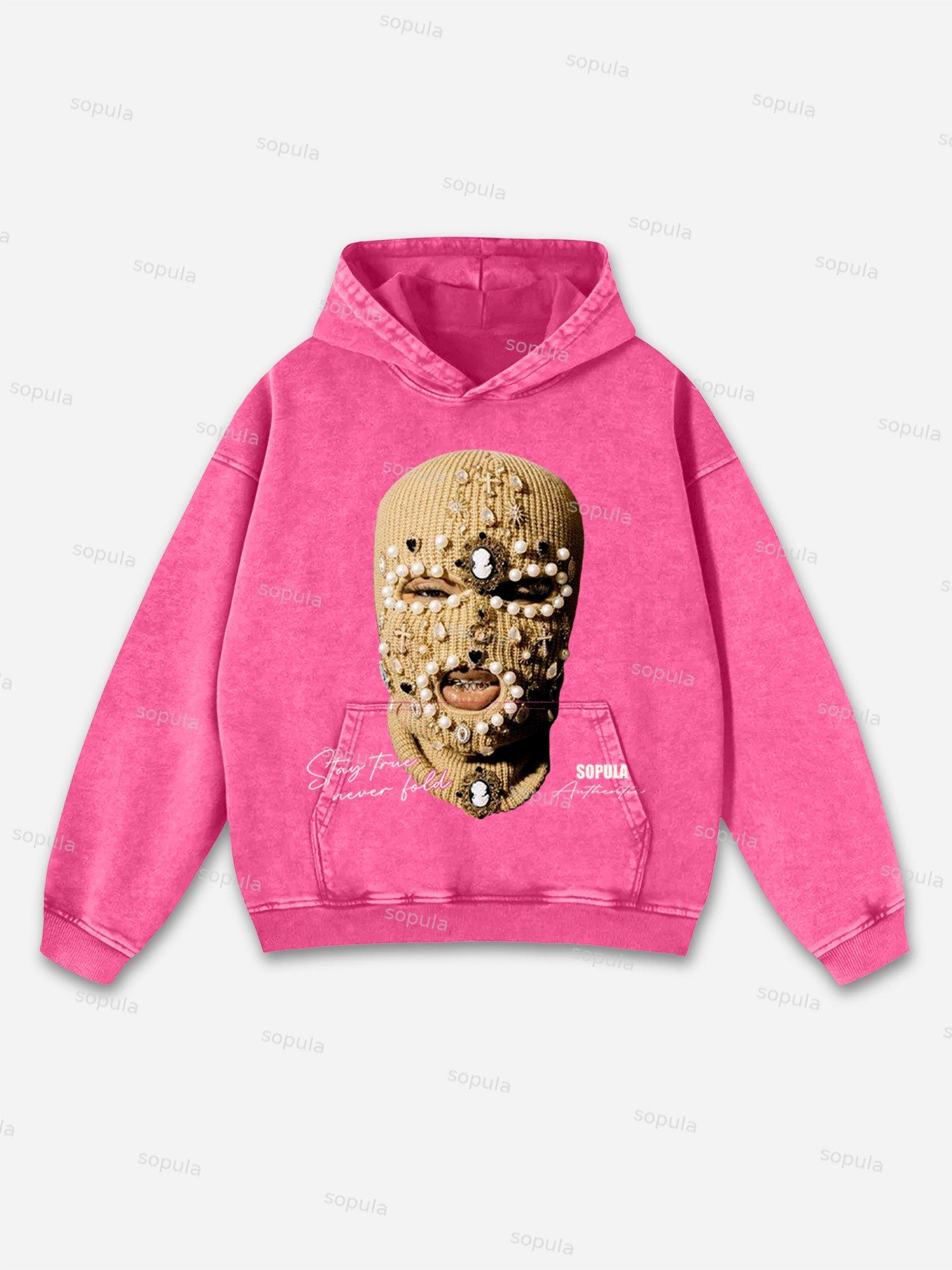 Gangster Jewelry Mask Portrait Graphic Washed Hoodie Product Image