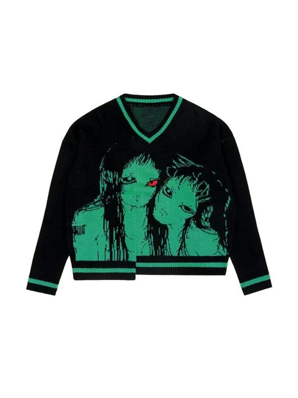 Contrast Color Grimace Jacquard V Neck Knit Sweater Product Image