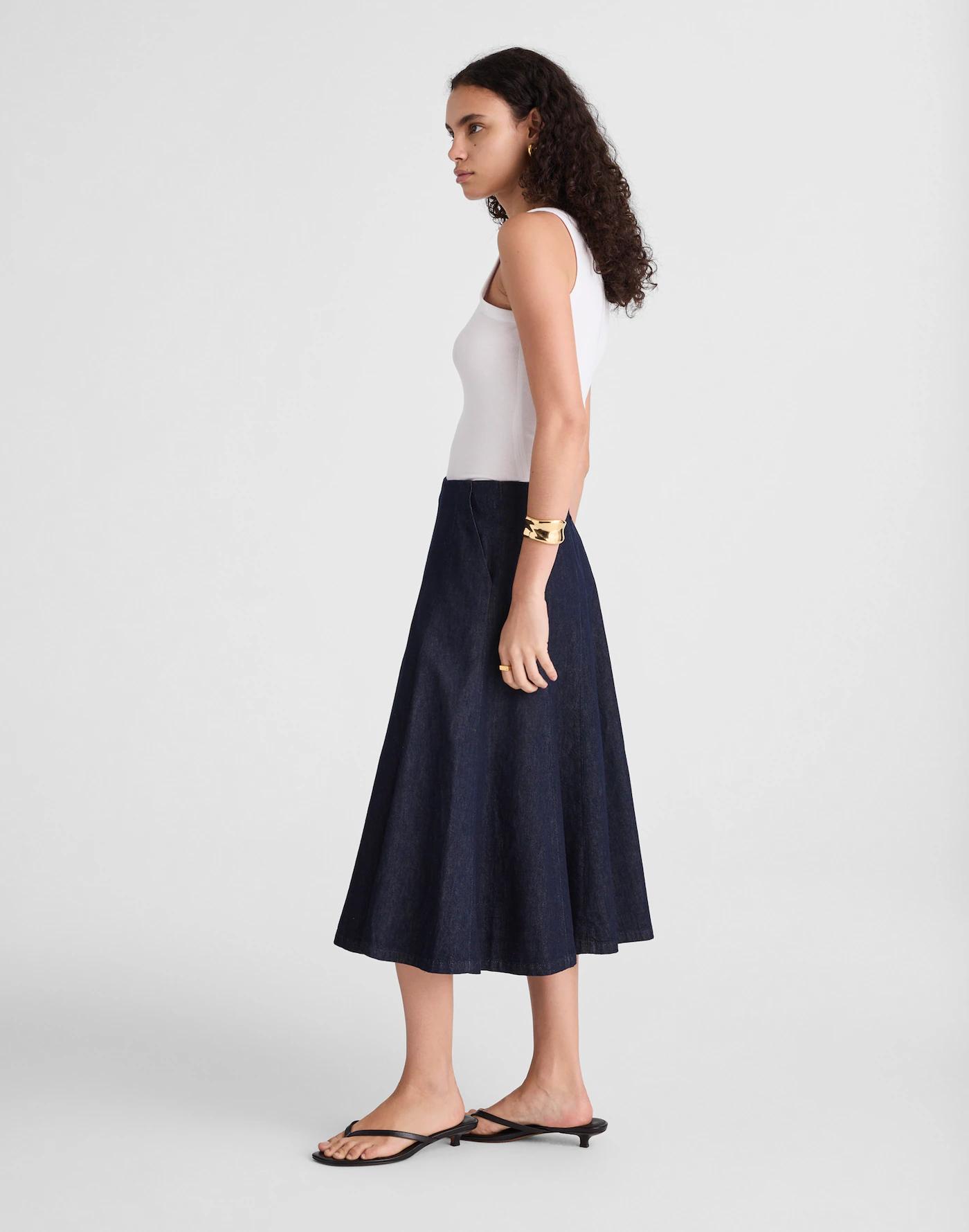Flared Denim Midi Skirt in Rinse Wash Product Image