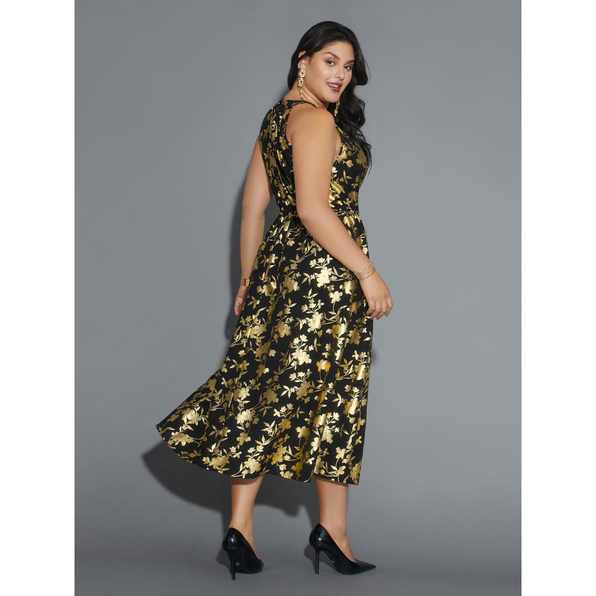 Plus Size Glitter Silhouette Floral Print Sleeveless Dress Black Women Cocktail Texture Round Neck Sleeveless Curvy BloomChic 26/4X Product Image