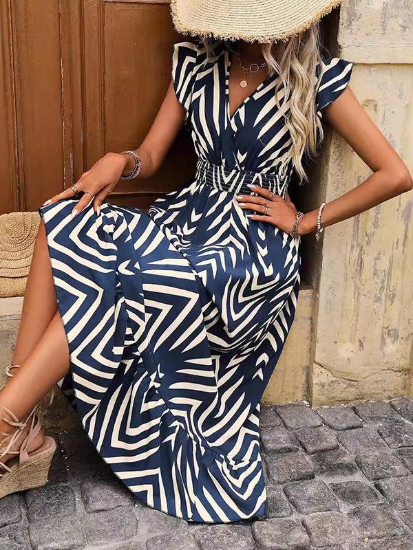 Flying Sleeves Loose Elasticity Printed Split-Joint V-Neck Maxi Dresses Product Image