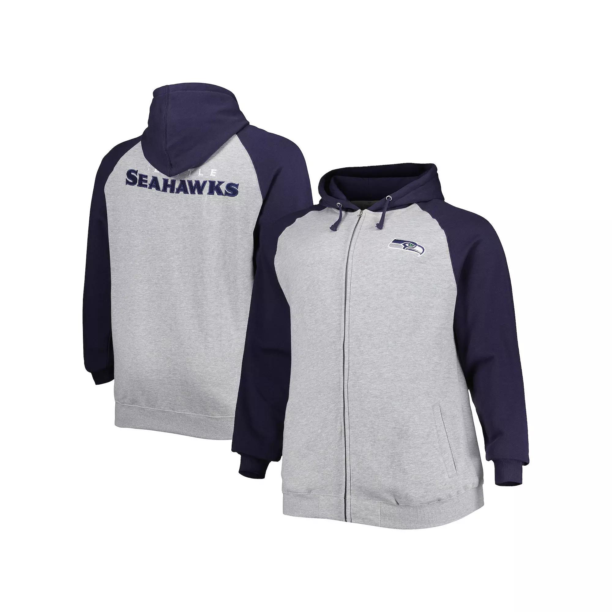 Men's Heather Gray Seattle Seahawks Big & Tall Fleece Raglan Full-Zip Hoodie Jacket, Size: 2XB, Grey Product Image