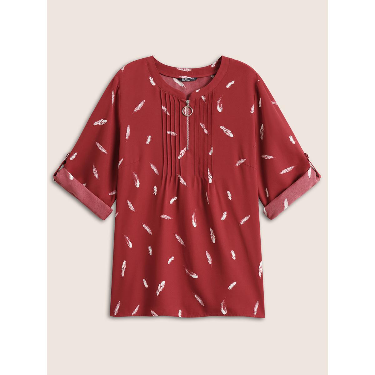 Plus Size Scarlet Feather Print Half Zip Tab Sleeve Split Hem Blouse Women Work From Home Long Sleeve Round Neck Work Blouses BloomChic 14-16/1X Product Image