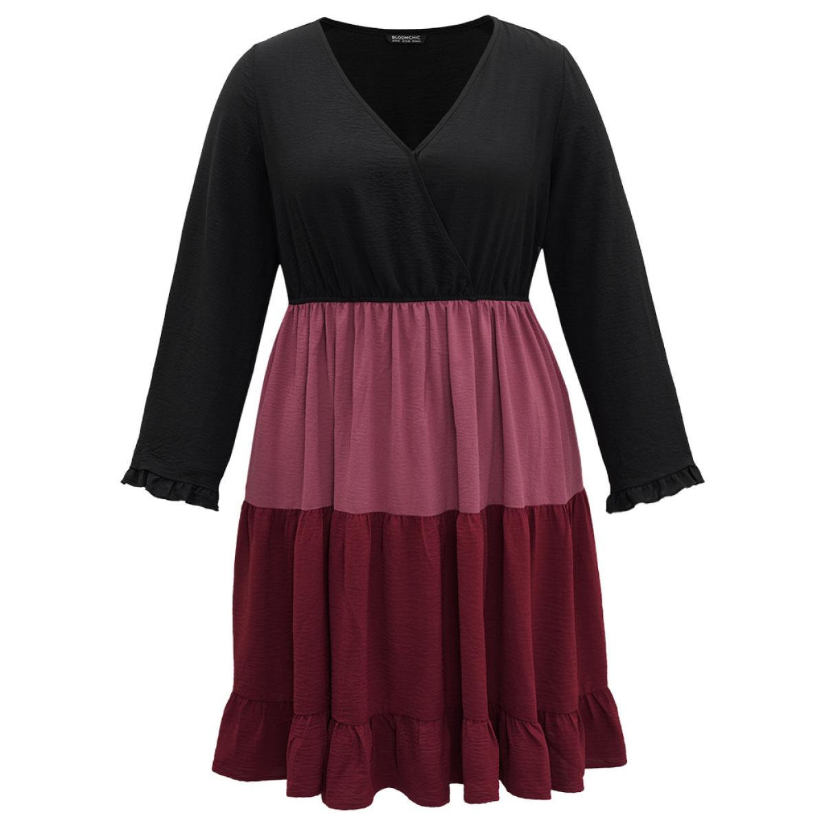 Plus Size Colorblock Contrast Ruffle Layered Hem Dress Black Women Casual Gathered V-neck Long Sleeve Curvy Midi Dress BloomChic 10/M Product Image