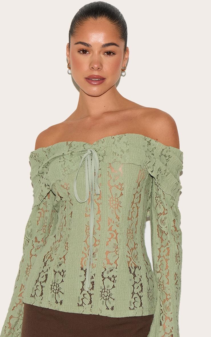 Sage Fitted Lace Flared Sleeve Bardot Top Product Image