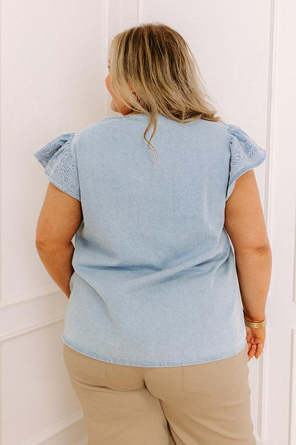 Farmers Market Cutie Embroidered Chambray Top in Light Wash Curves Product Image