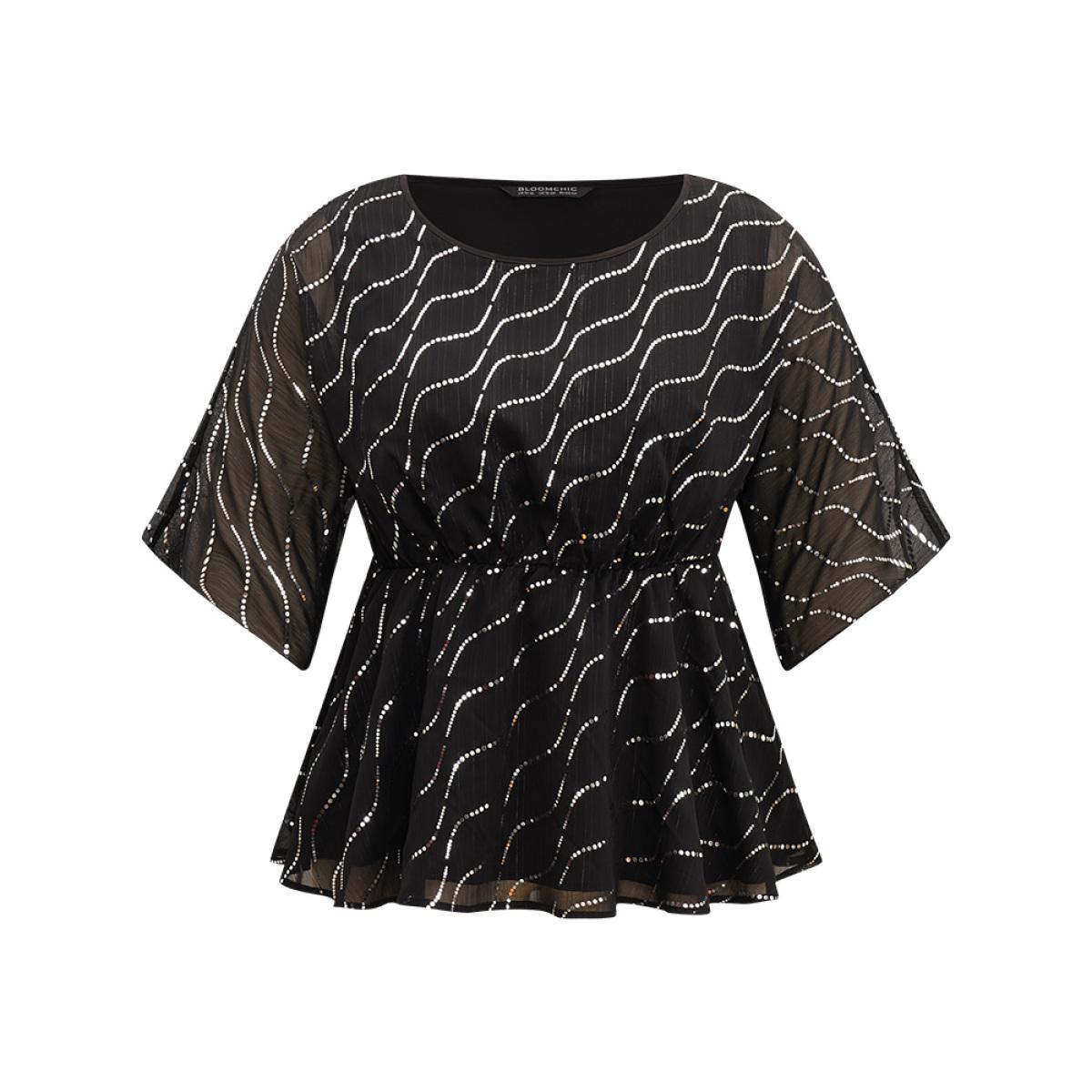 Plus Size Black Chiffon Rhinestone Mesh Patchwork Elastic Waist Blouse Women Glamour Half Sleeve Round Neck Going out Blouses BloomChic 14-16/1X Product Image