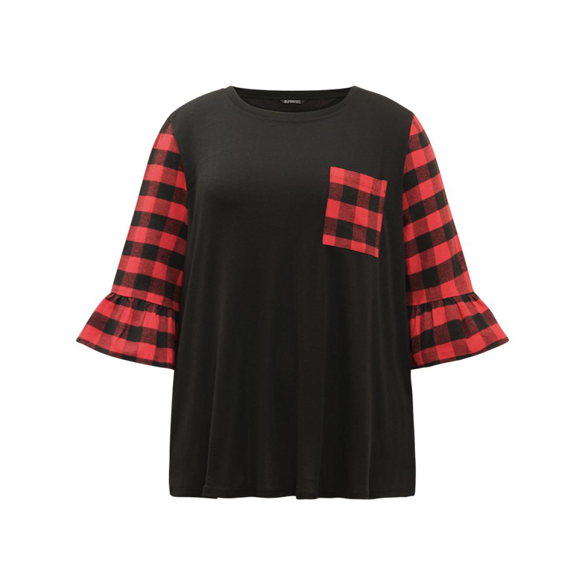 Plus Size Plaid Patched Pocket Patchwork Contrast Bell Sleeve T-shirt Black Women Casual Contrast Plaid Round Neck Dailywear T-shirts BloomChic 14-16/1X Product Image