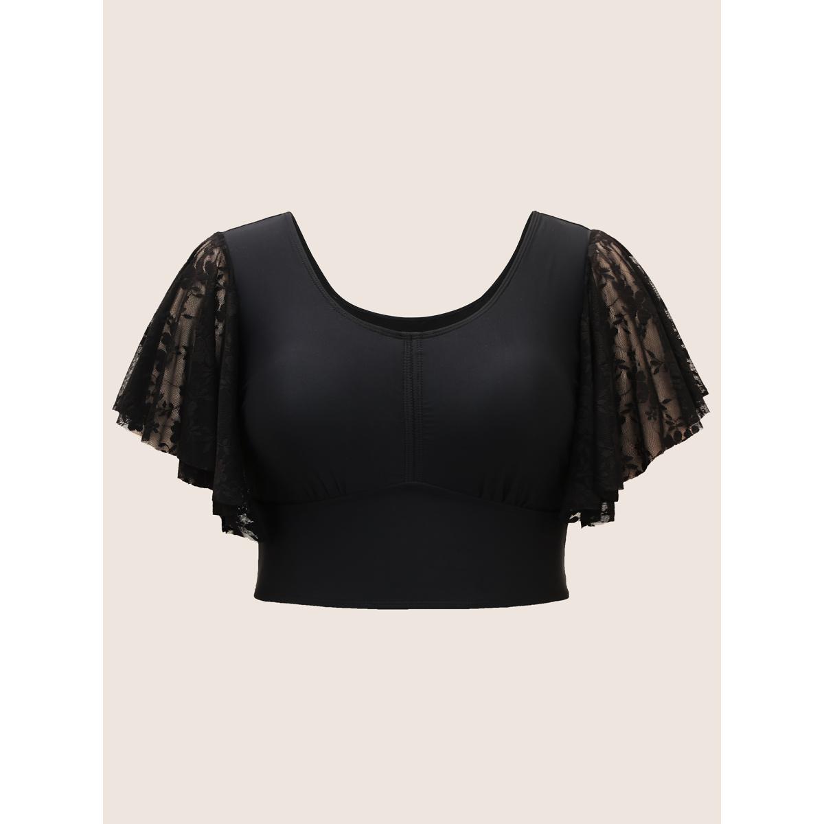 Plus Size U Neck Crochet Lace Mesh Swim Top Women's Swimwear Black Resort Texture High stretch Skinny U-neck Curve Swim Tops BloomChic 28/5X Product Image