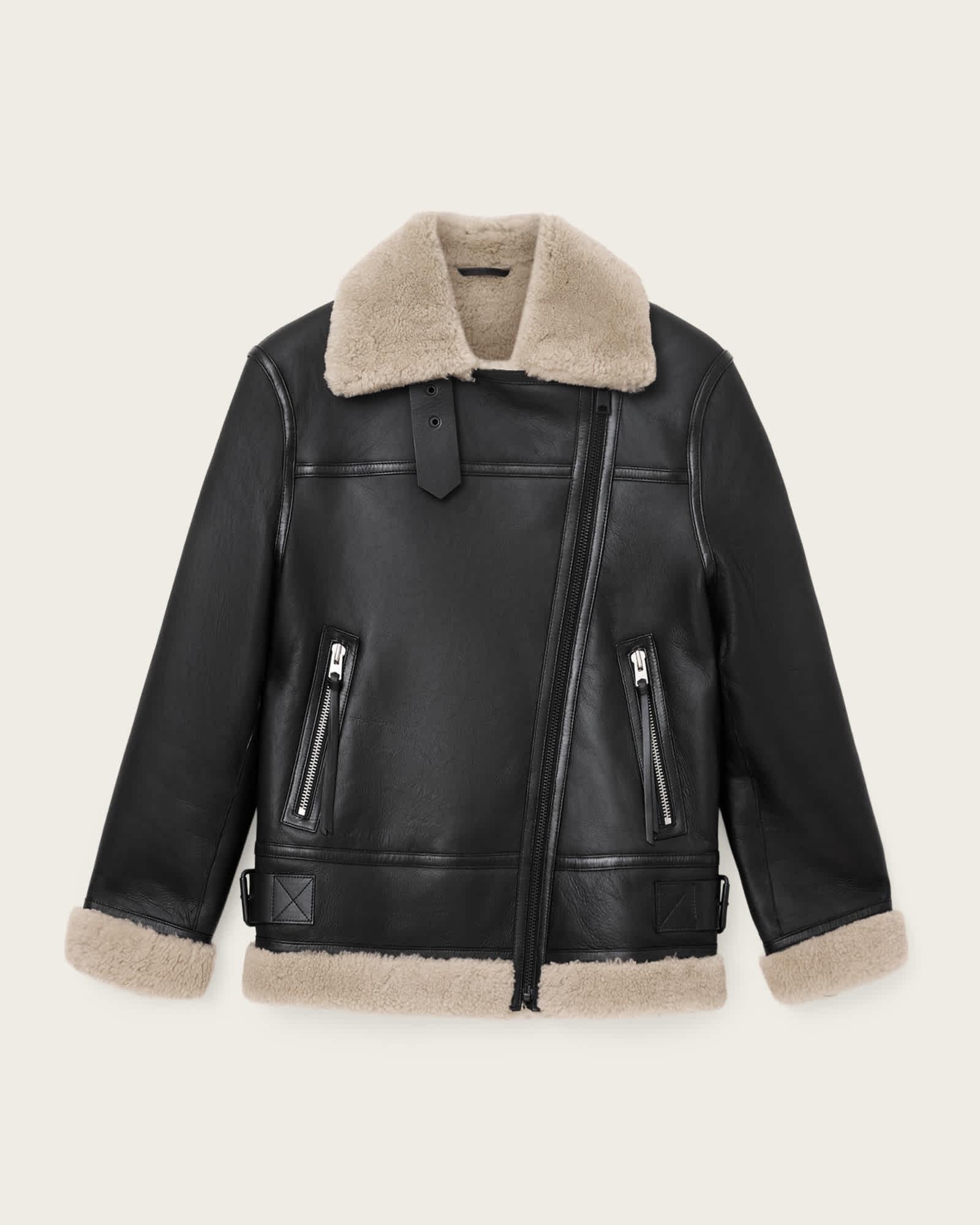 Sola Shearling Biker Jacket Black/Natural | ALLSAINTS US Product Image