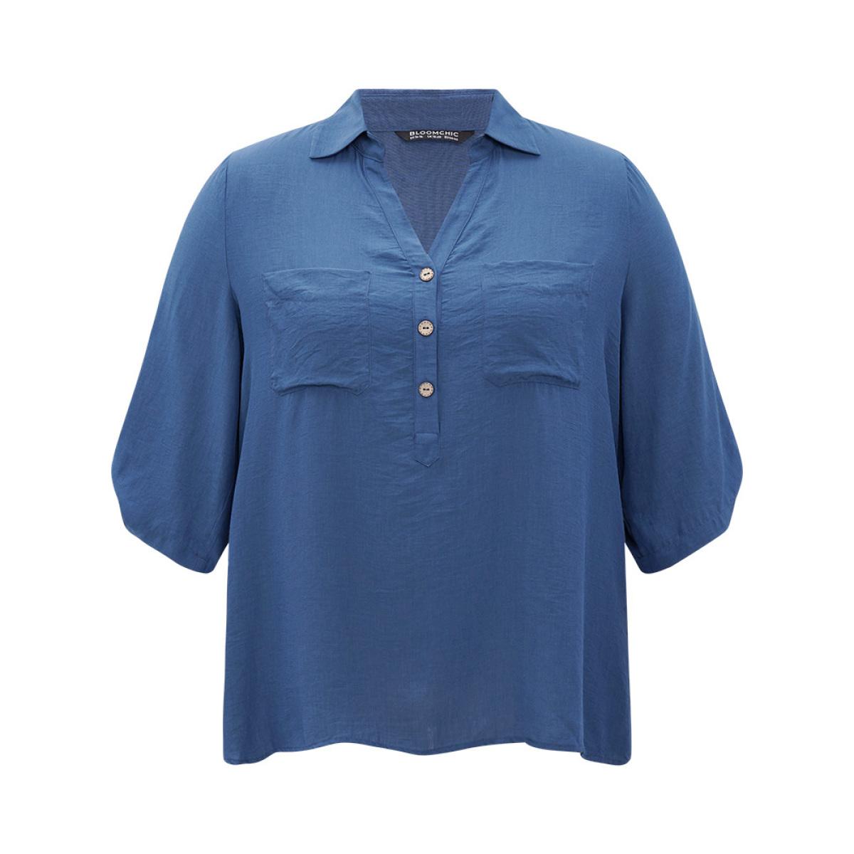 Plus Size Aegean Supersoft Essentials Solid Button Up Pocket Shirt Collar Blouse Women Office Elbow-length sleeve V-neck Dailywear Blouses BloomChic 18-20/2X Product Image