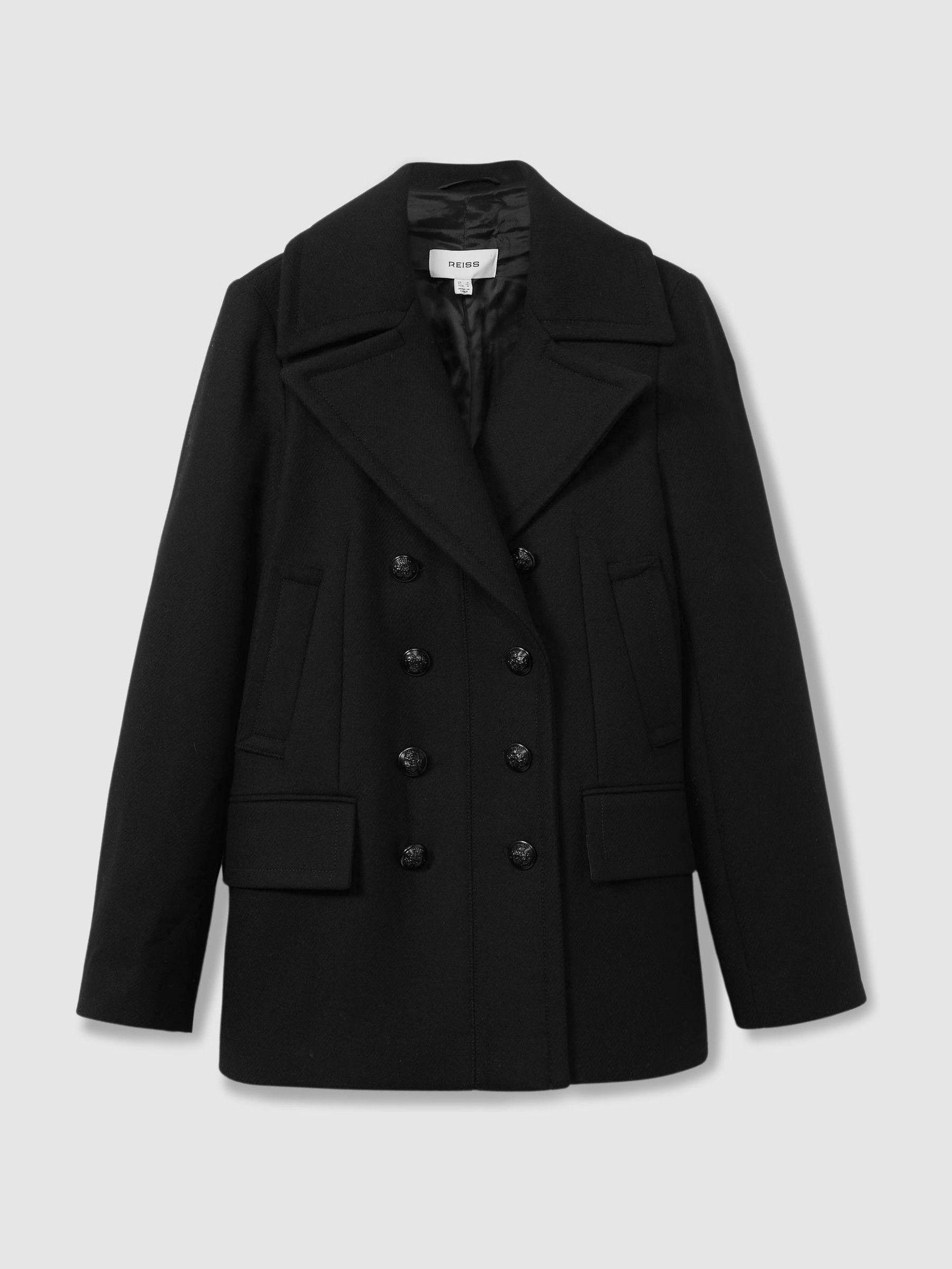 Wool Blend Double Breasted Pea Coat in Black Product Image