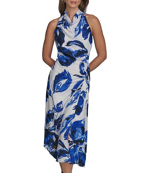 Donna Karan Cowl Neck Floral Print Asymmetric Hem Midi Dress Product Image