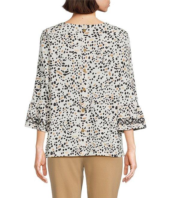 Multiples Slub Knit Embroidered Allover Dotted Crew Neck 3/4 Sleeve Top Product Image