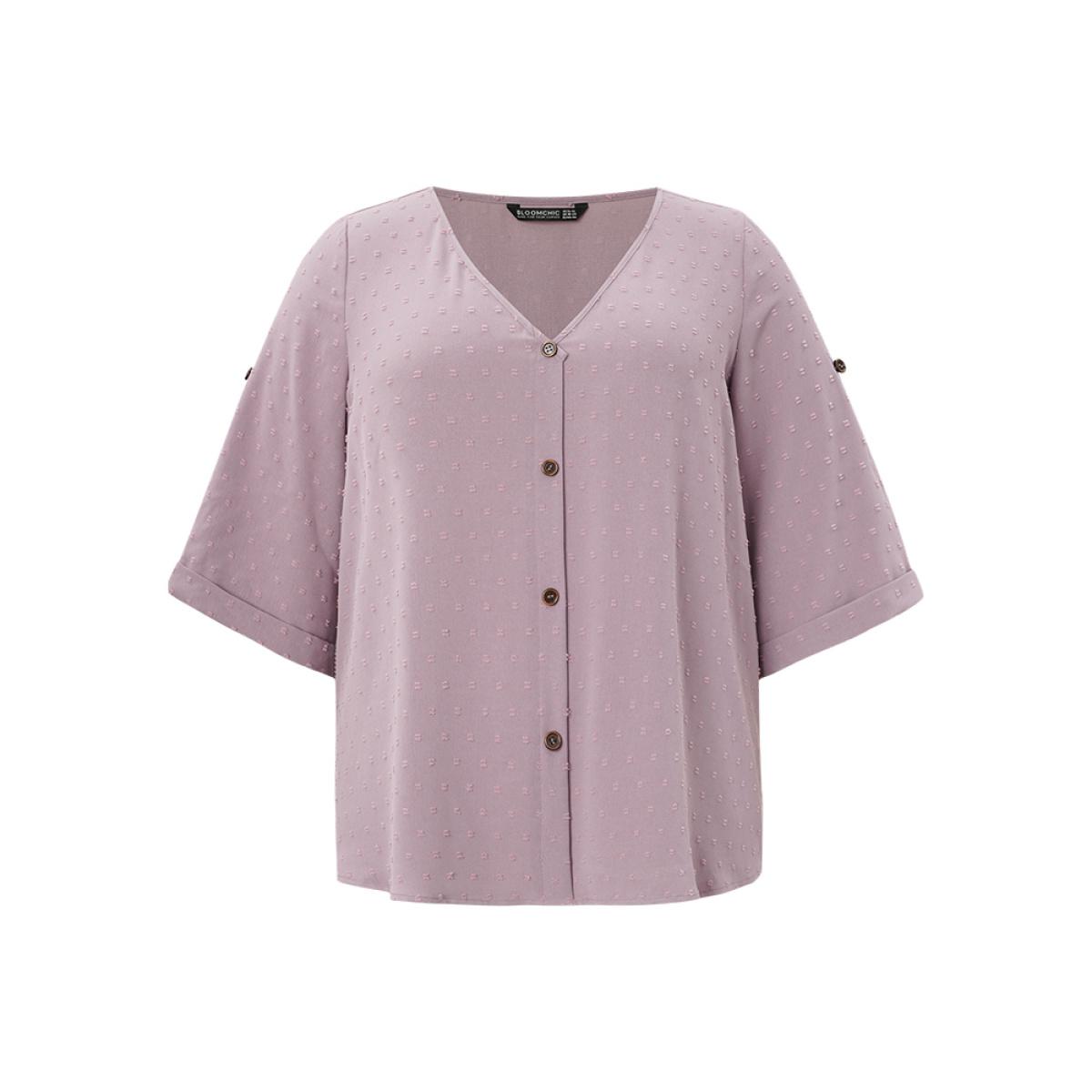 Plus Size Mauve Polka Dot V Neck Button Detail Cuffed Sleeve Blouse Women Office Elbow-length sleeve V-neck Office Blouses BloomChic 28/5X Product Image