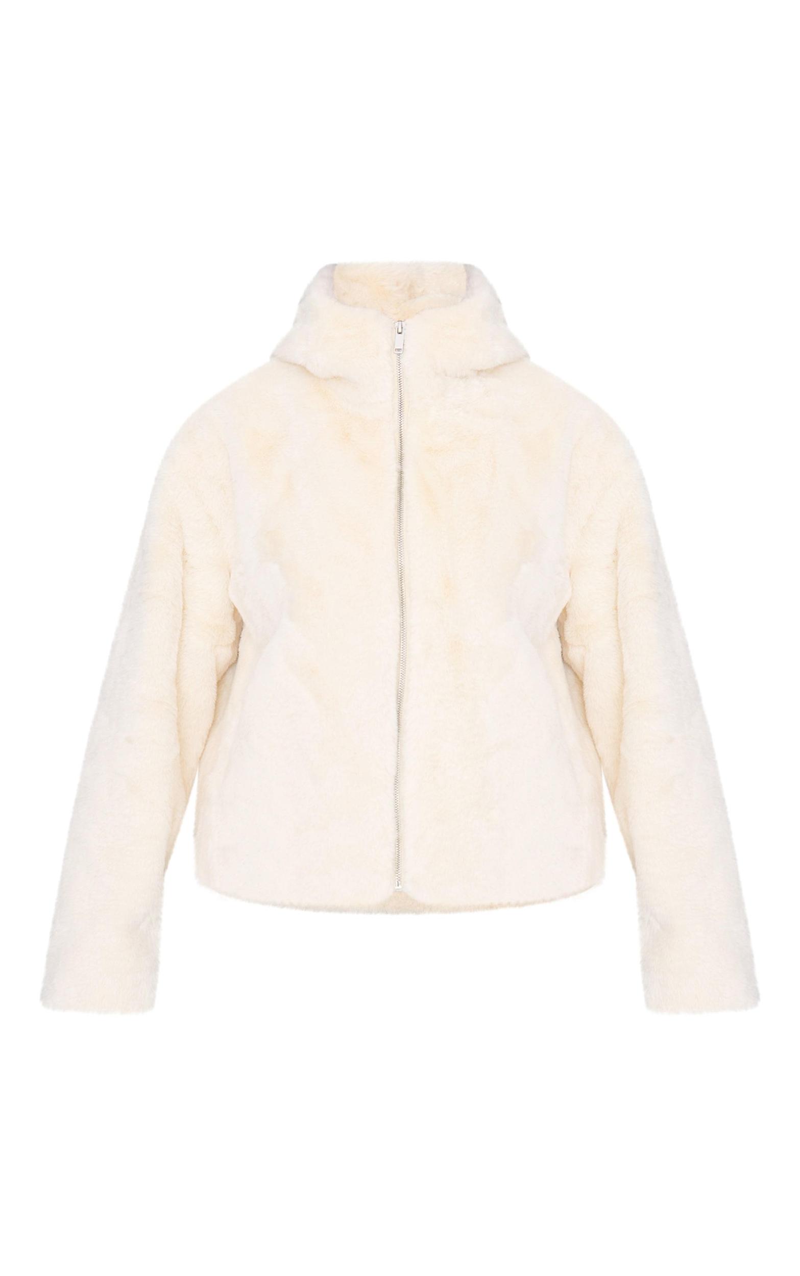 Cream Plush Faux Fur Hooded Zip Up Jacket Product Image